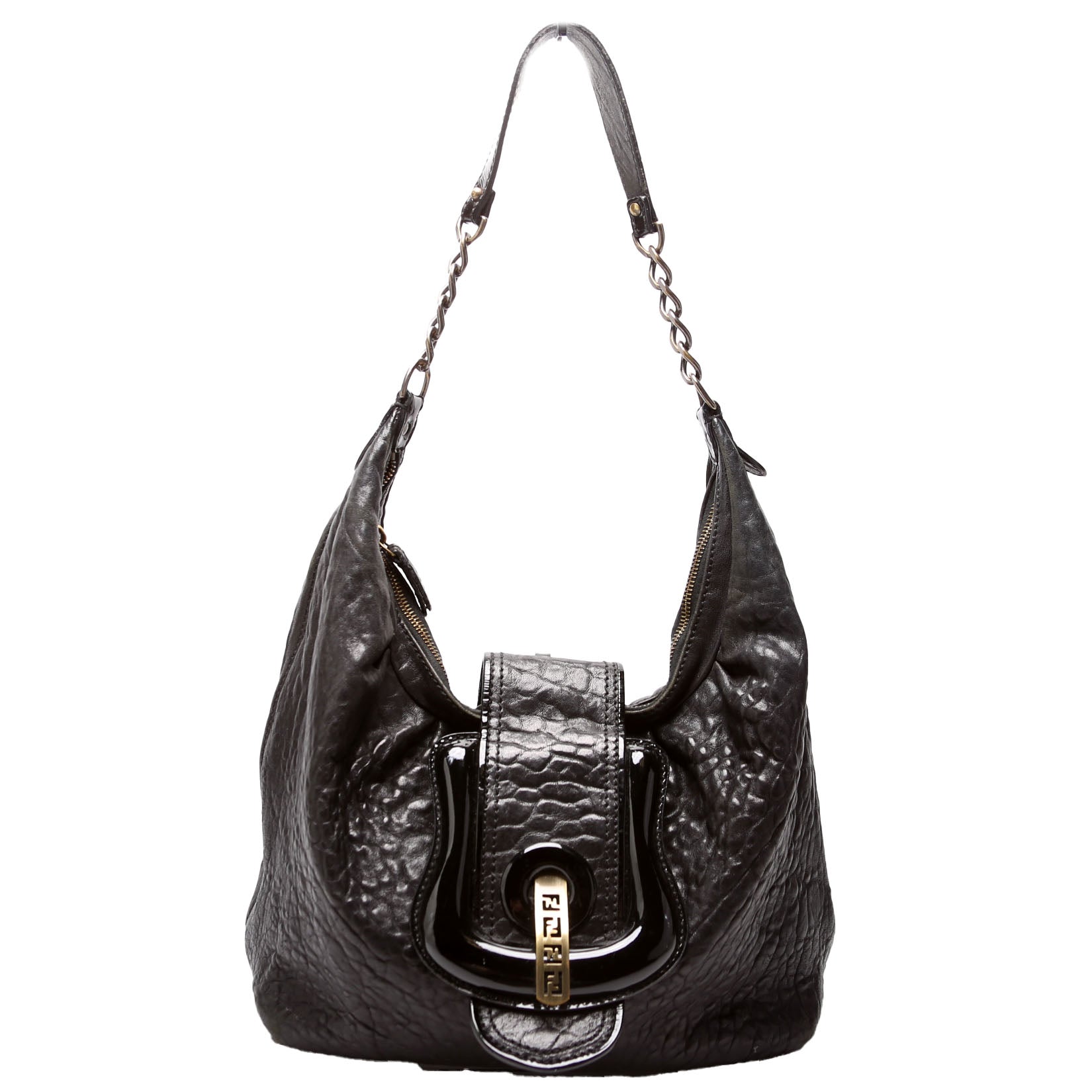 Fendi Nappa Buckle Hobo Bag Leather Black