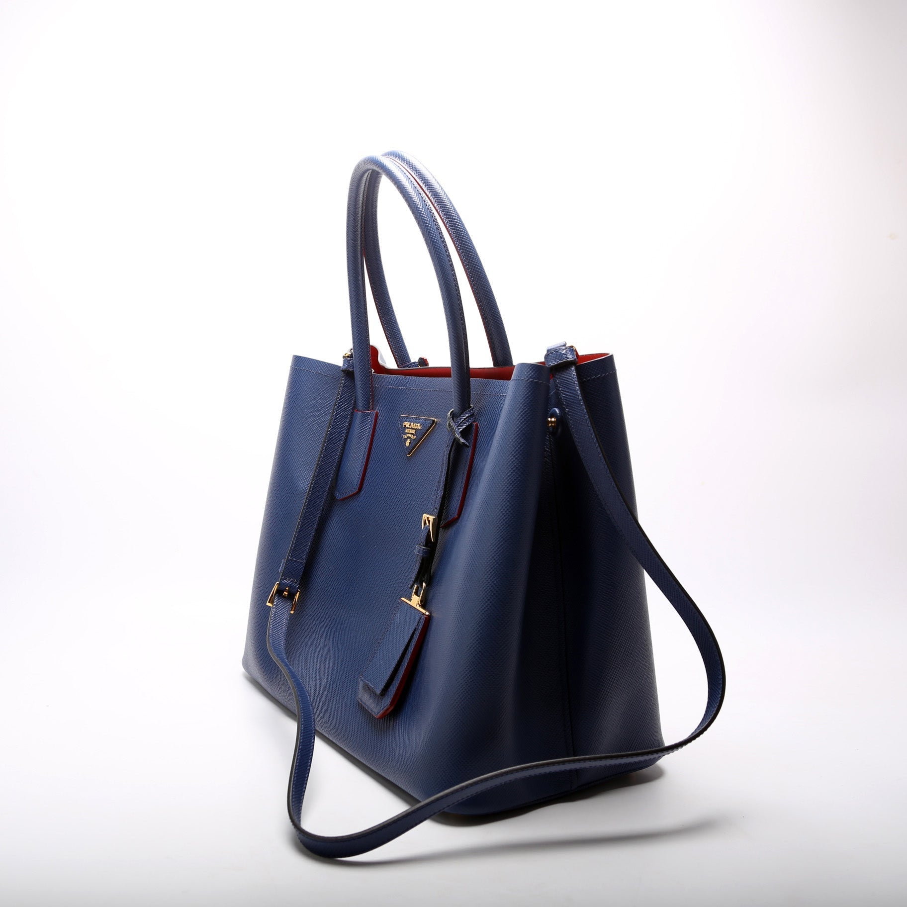 Prada Saffiano Cuir Double Bag Blue Large Travel Bag