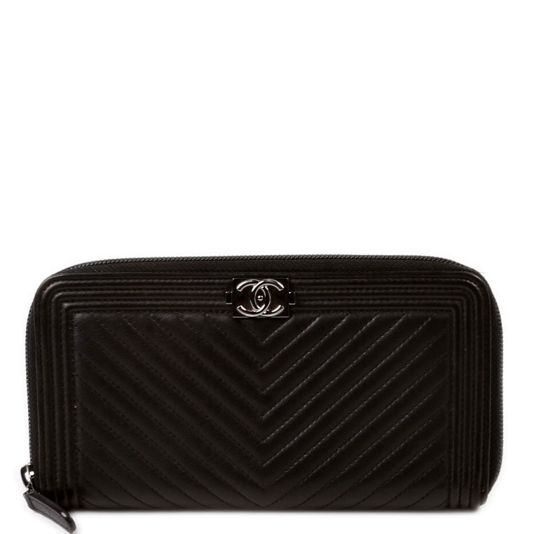 Chanel Boy Wallet Zip Around Chevron Lambskin 21M