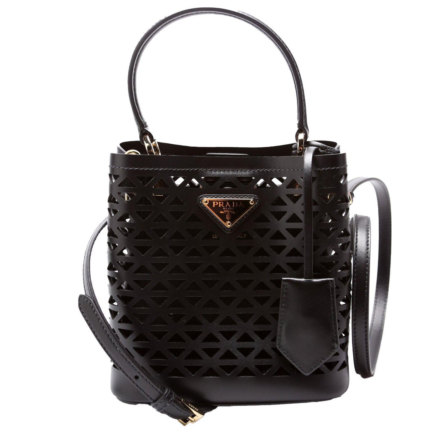 Prada Cut Out Motif Panier Bag Leather Black Travel Bag
