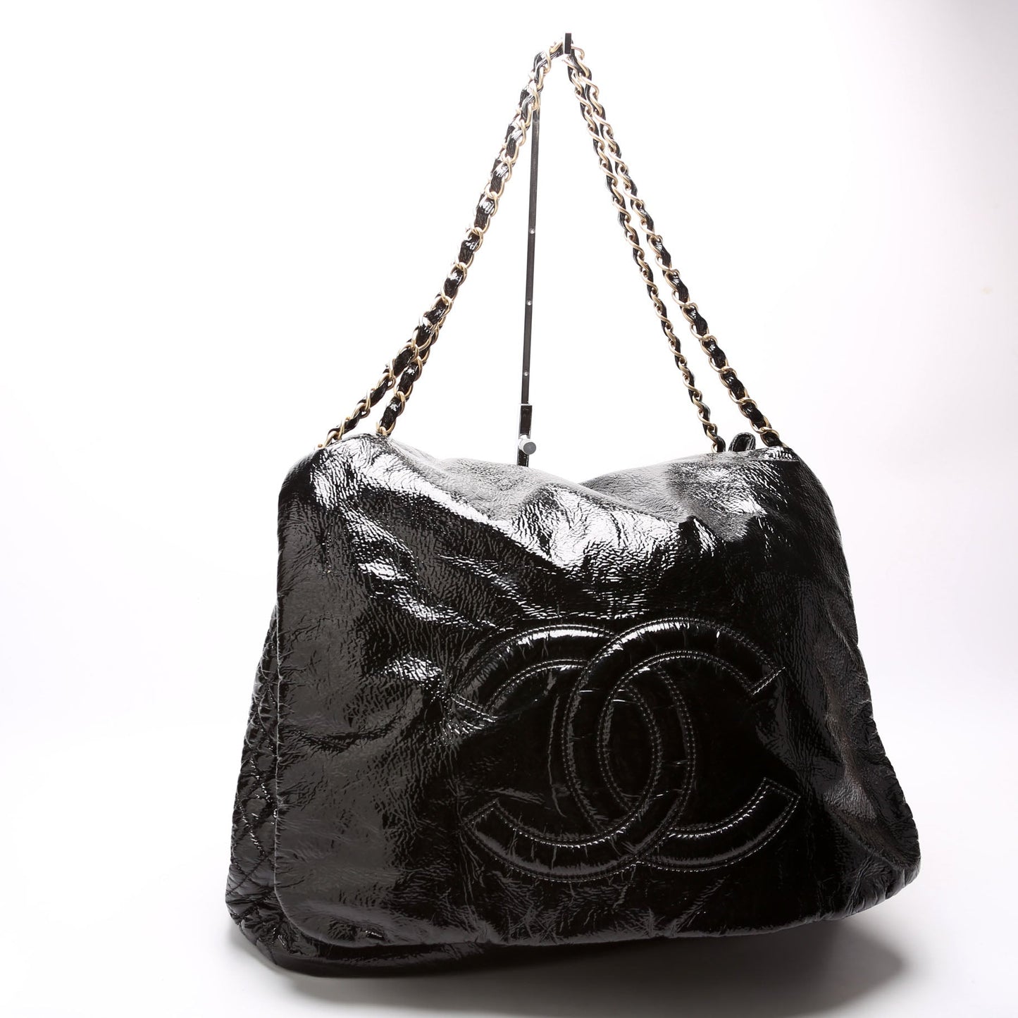 Chanel Rock & Flap Accordion Crinkled Patent Black Handbag