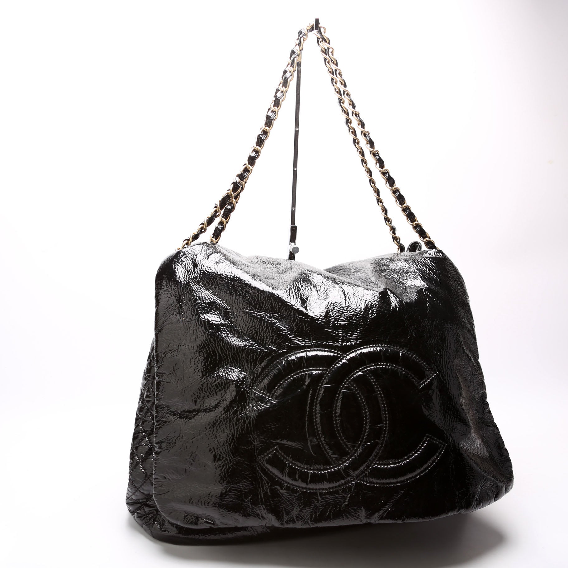 Chanel Rock & Flap Accordion Crinkled Patent Black Handbag