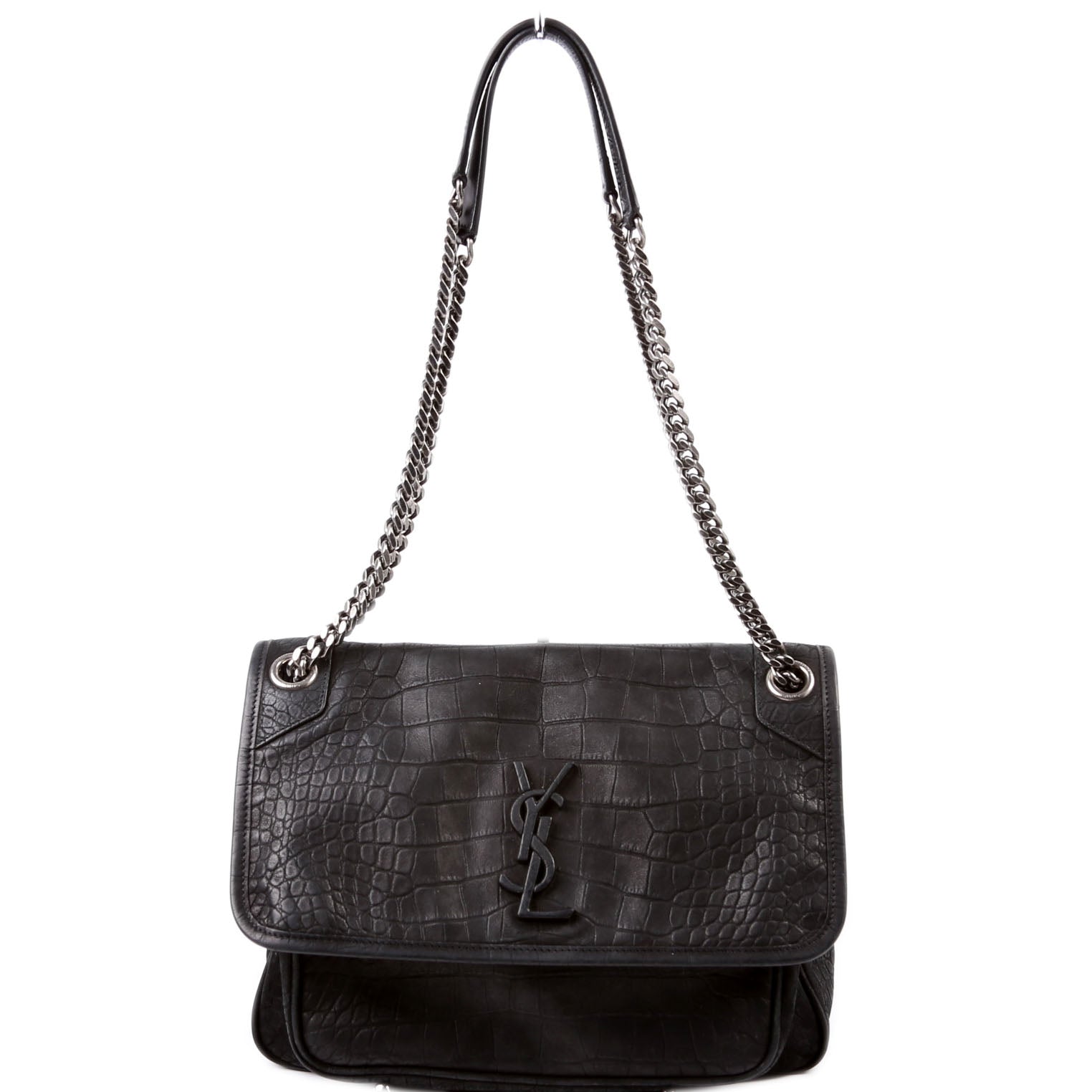 YSL Saint Laurent Saint Laurent Niki Nubuck Croc Embossed Bag Black Medium Travel Bag
