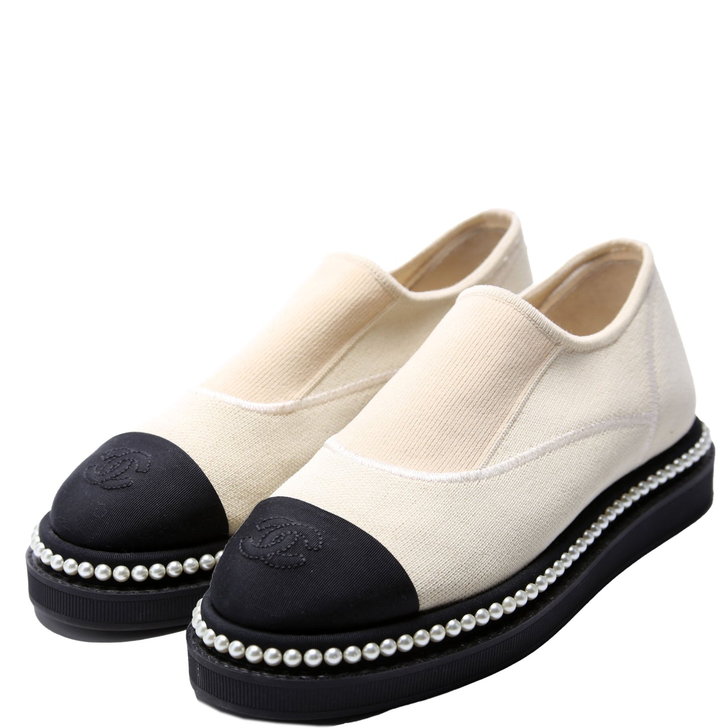 Chanel CC Cap Toe Pearl Slip-On Loafers Size 35.5 Beige/Black