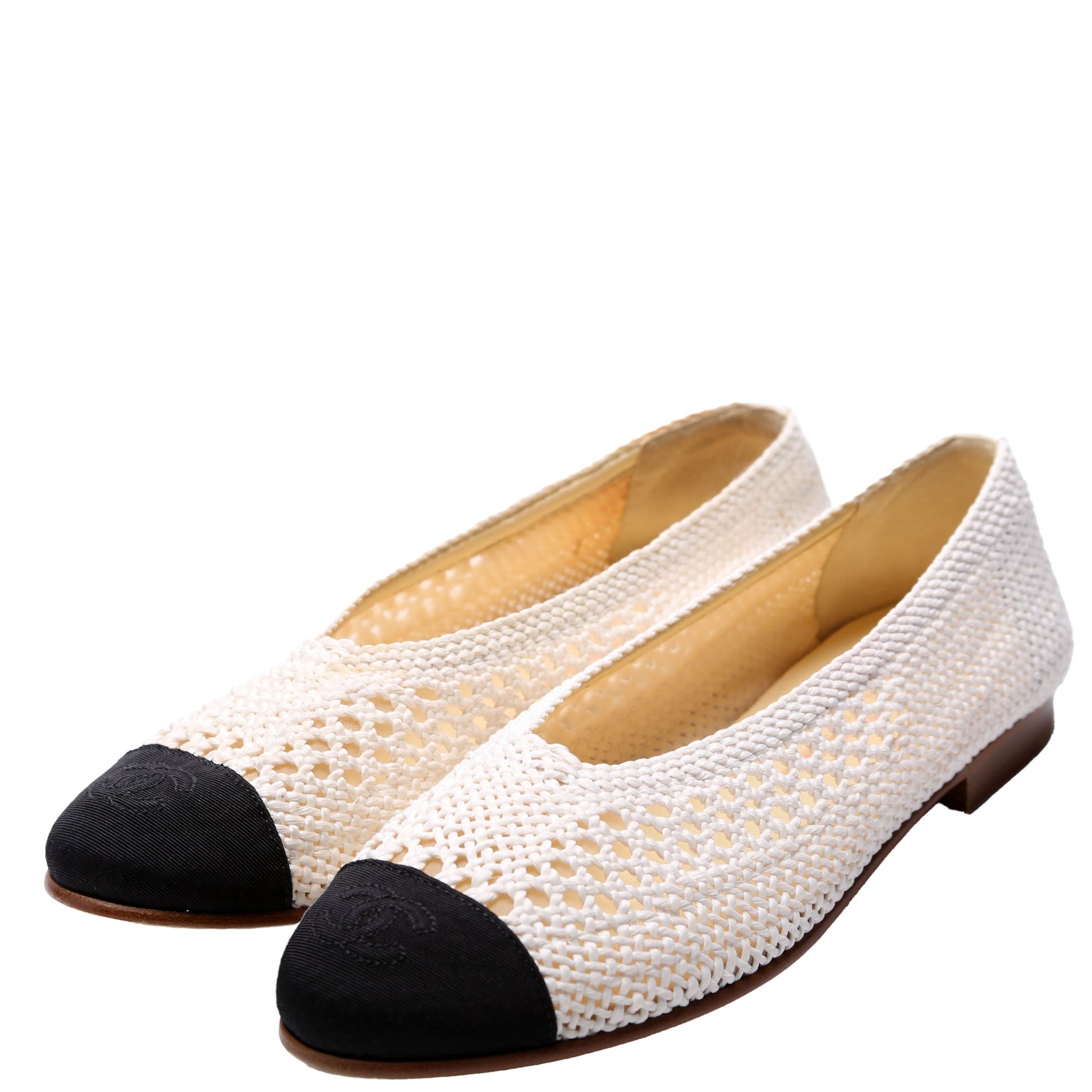 Chanel Crochet Cap Toe Ballet Flats Size 36.5 White/Black