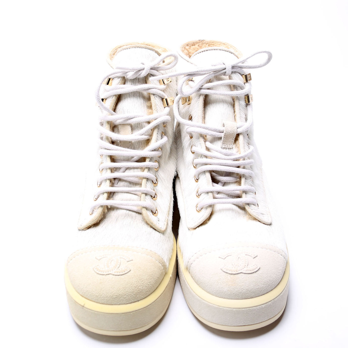 Chanel Pony Hair Lace Up Combat Boots Size 37.5 White