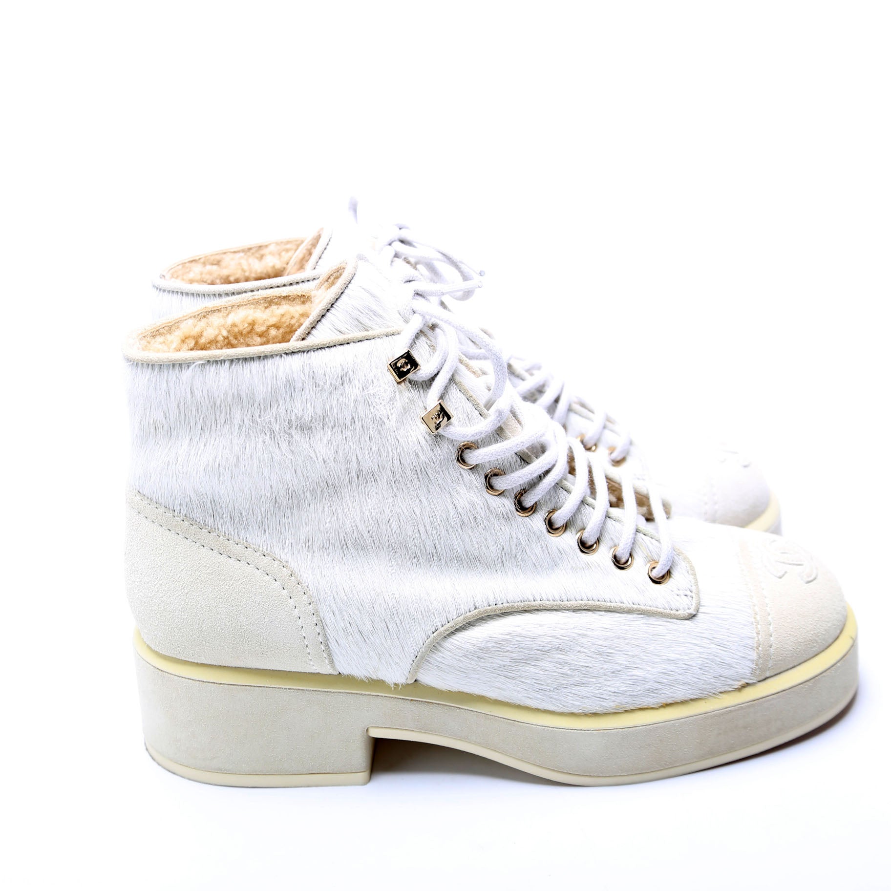 Chanel Pony Hair Lace Up Combat Boots Size 37.5 White