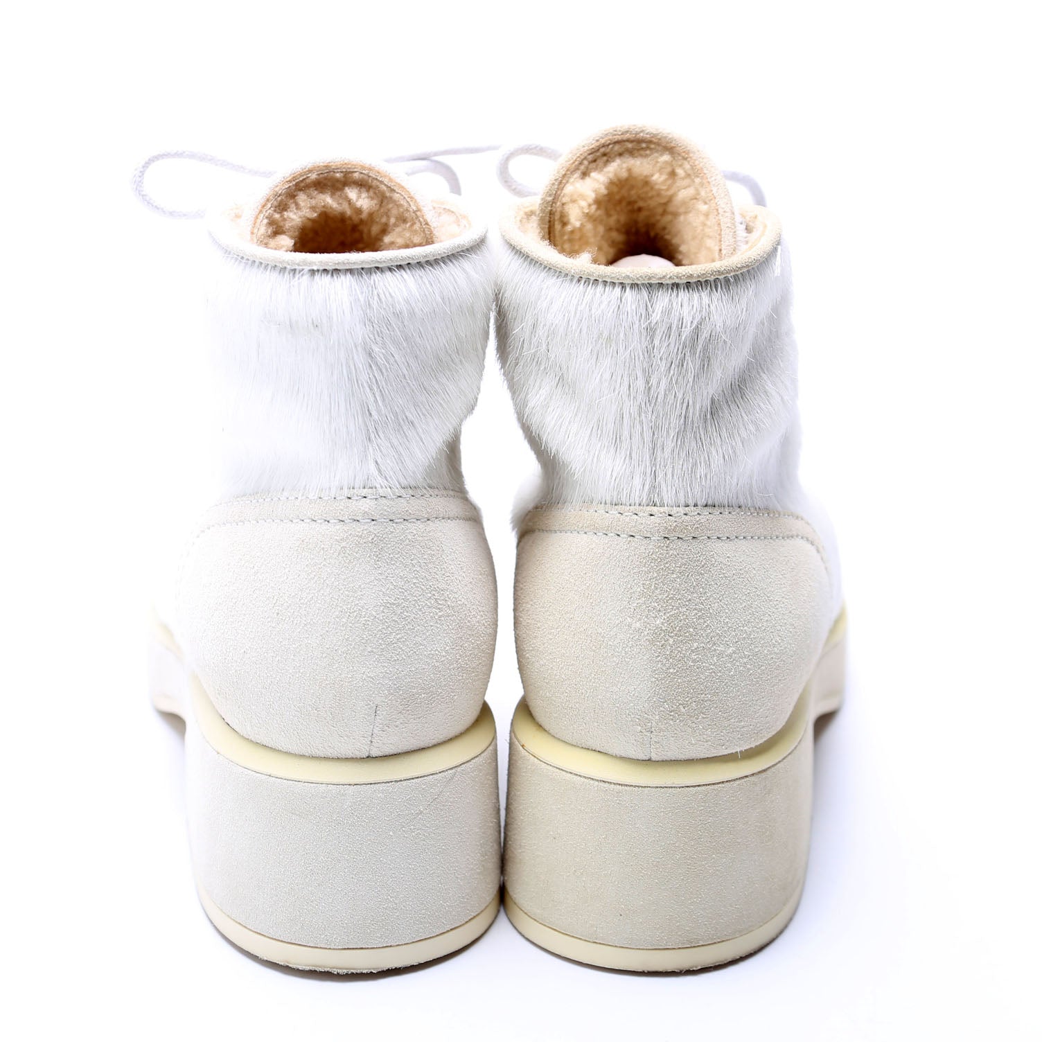 Chanel Pony Hair Lace Up Combat Boots Size 37.5 White