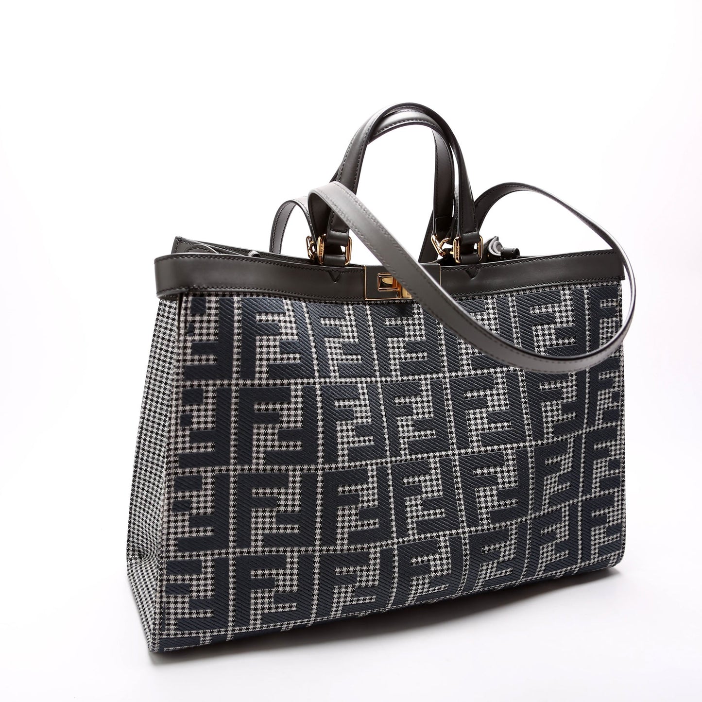 Fendi 8Bh374 Peekaboo Ff Wool Houndstooth Tote Bag Blue