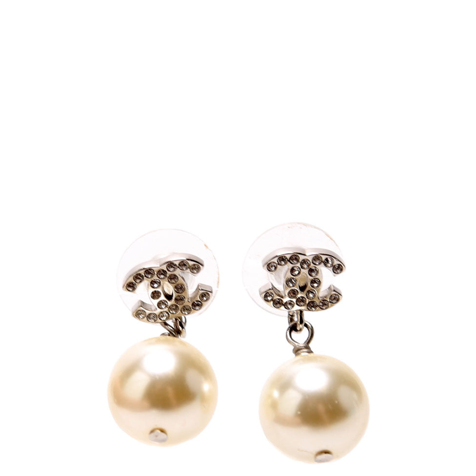 Chanel Crystal CC Pearl Drop Earrings Pearl/Silver