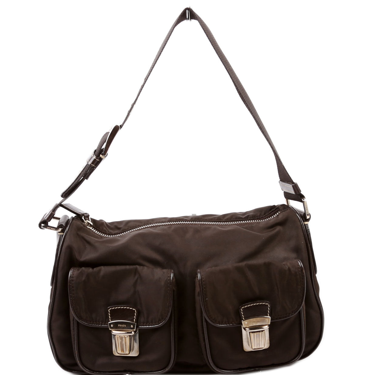 Prada Double Pocket Shoulder Bag Nylon Brown