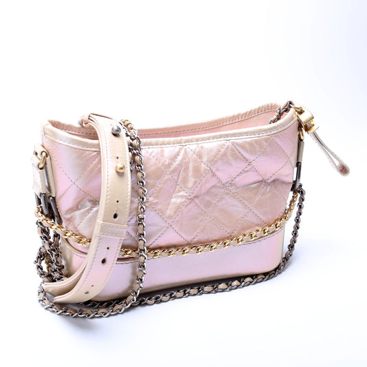 Chanel Gabrielle Hobo Calfskin Iridescent 25M Tan Pink Small Shoulder Bag