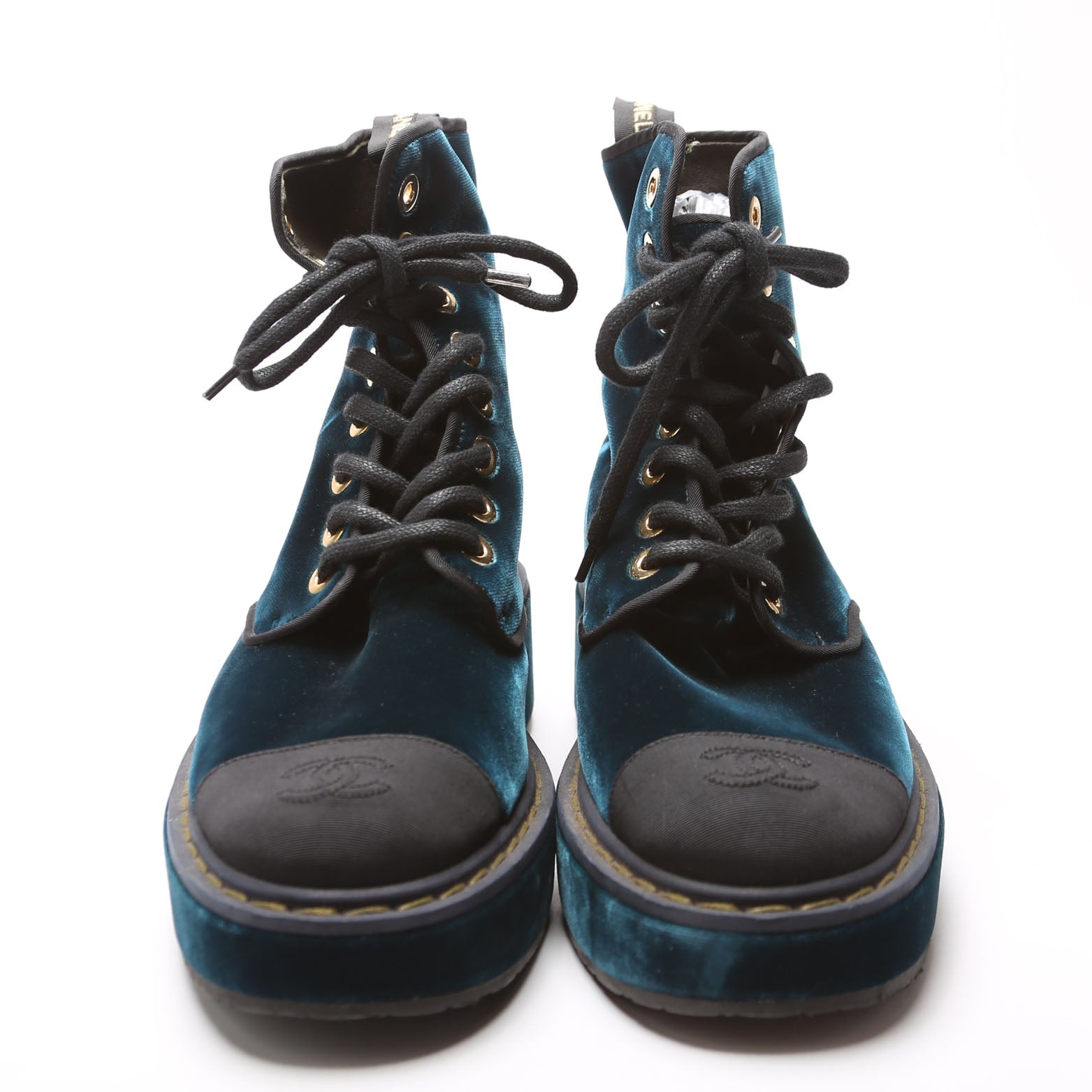 Chanel Captoe CC Velvet Combat Boots Size 38.5