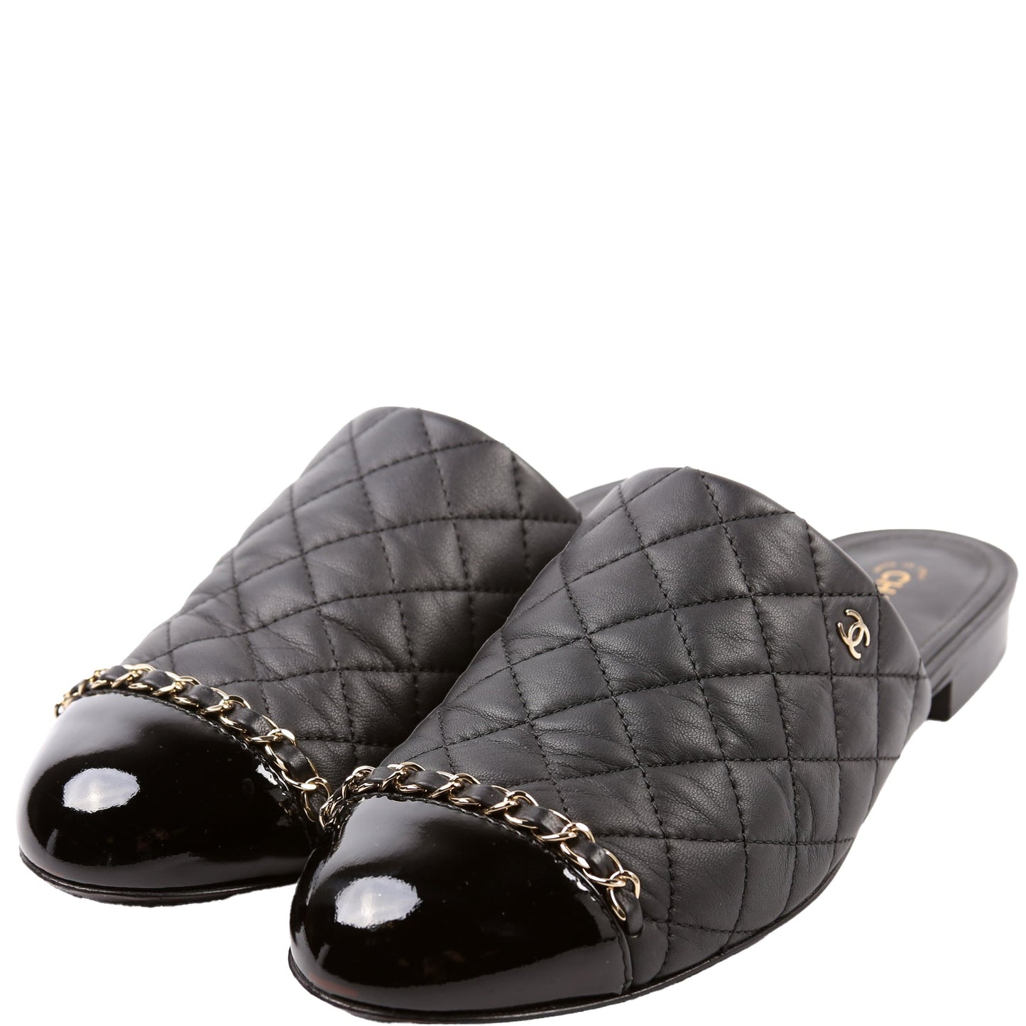 Chanel Cap Toe Quilted Chain Mules Size 39.5