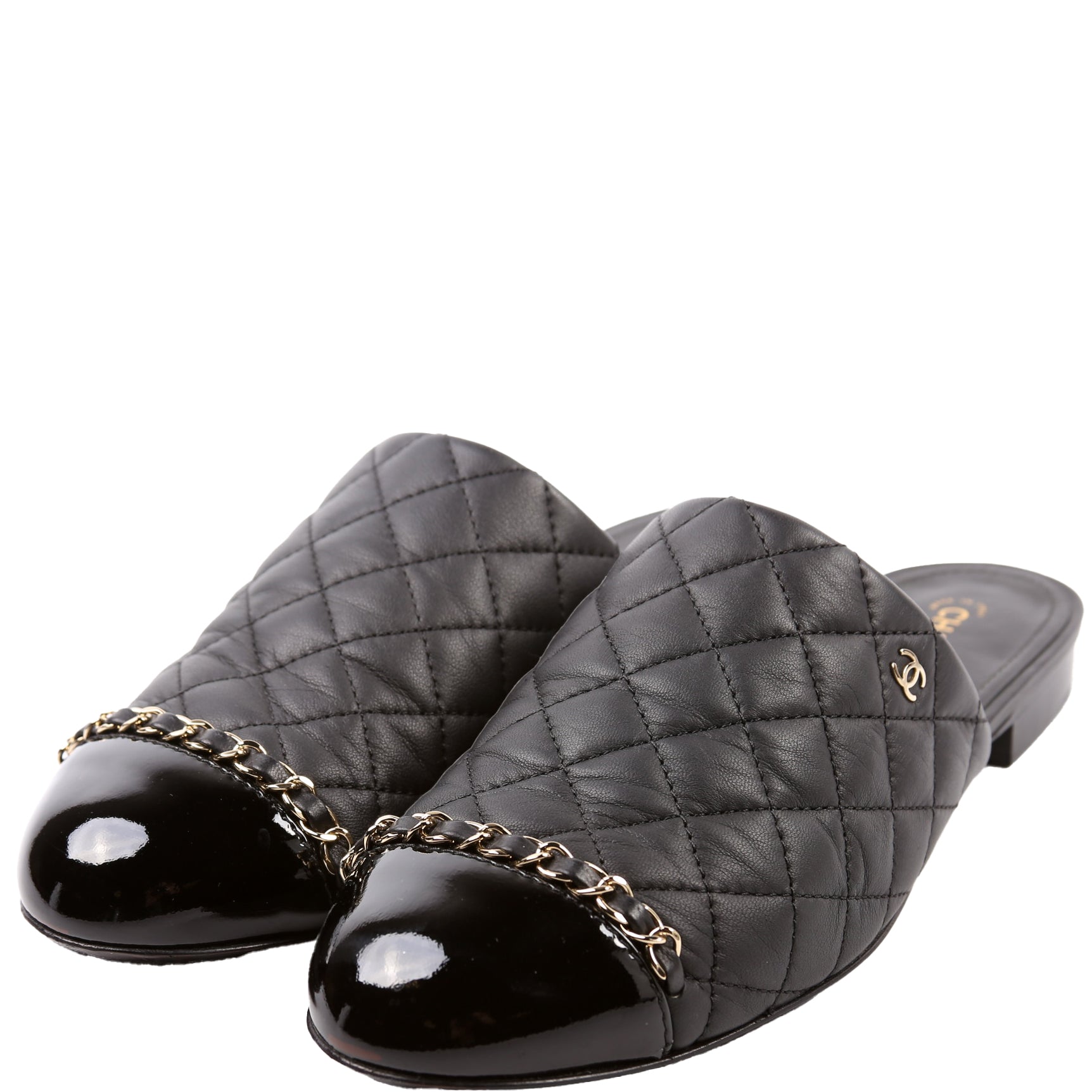 Chanel Cap Toe Quilted Chain Mules Size 39.5