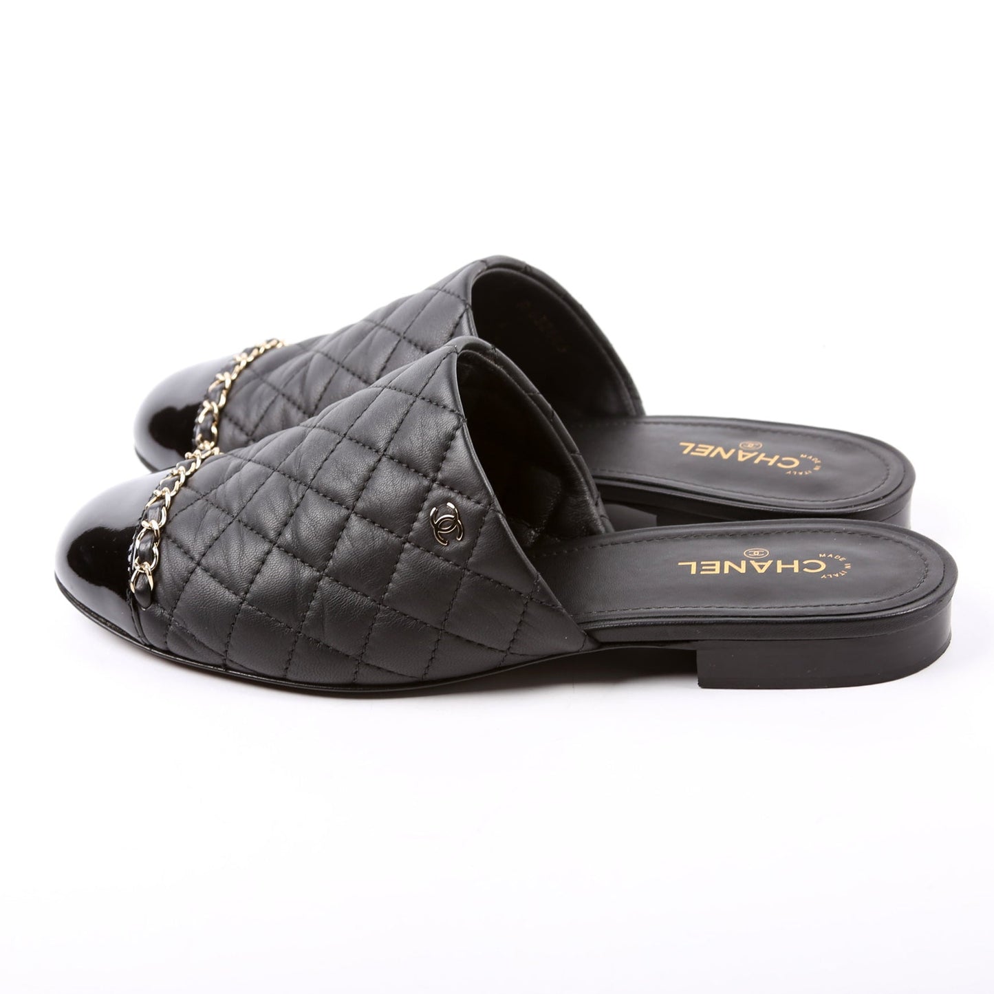 Chanel Cap Toe Quilted Chain Mules Size 39.5