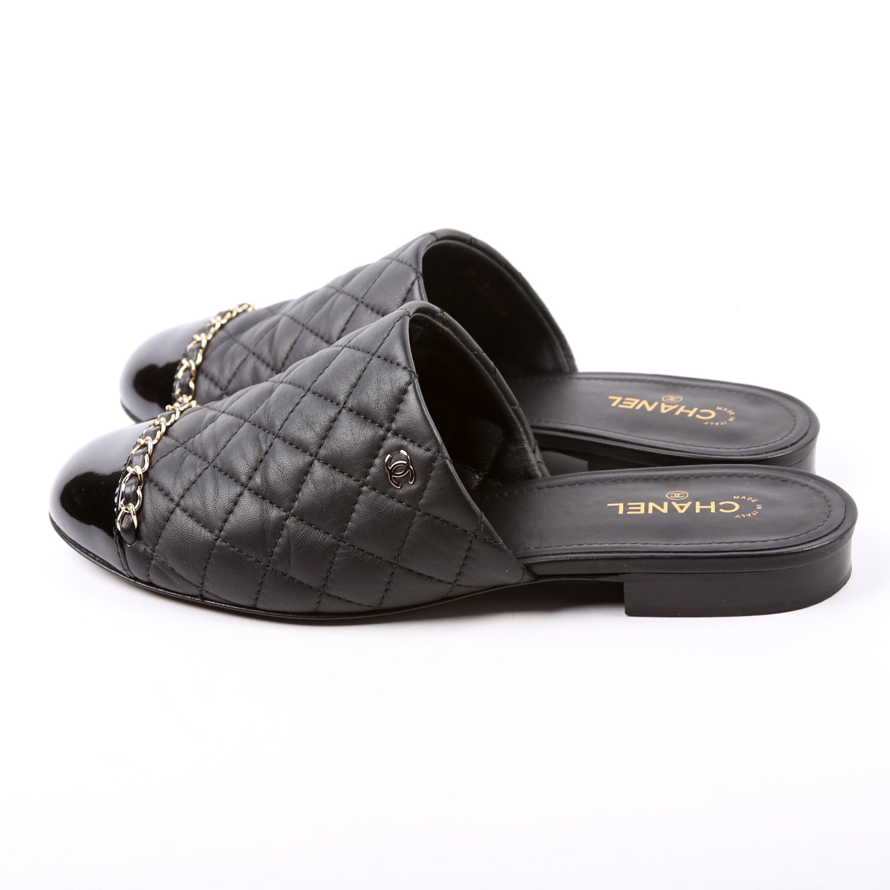 Chanel Cap Toe Quilted Chain Mules Size 39.5