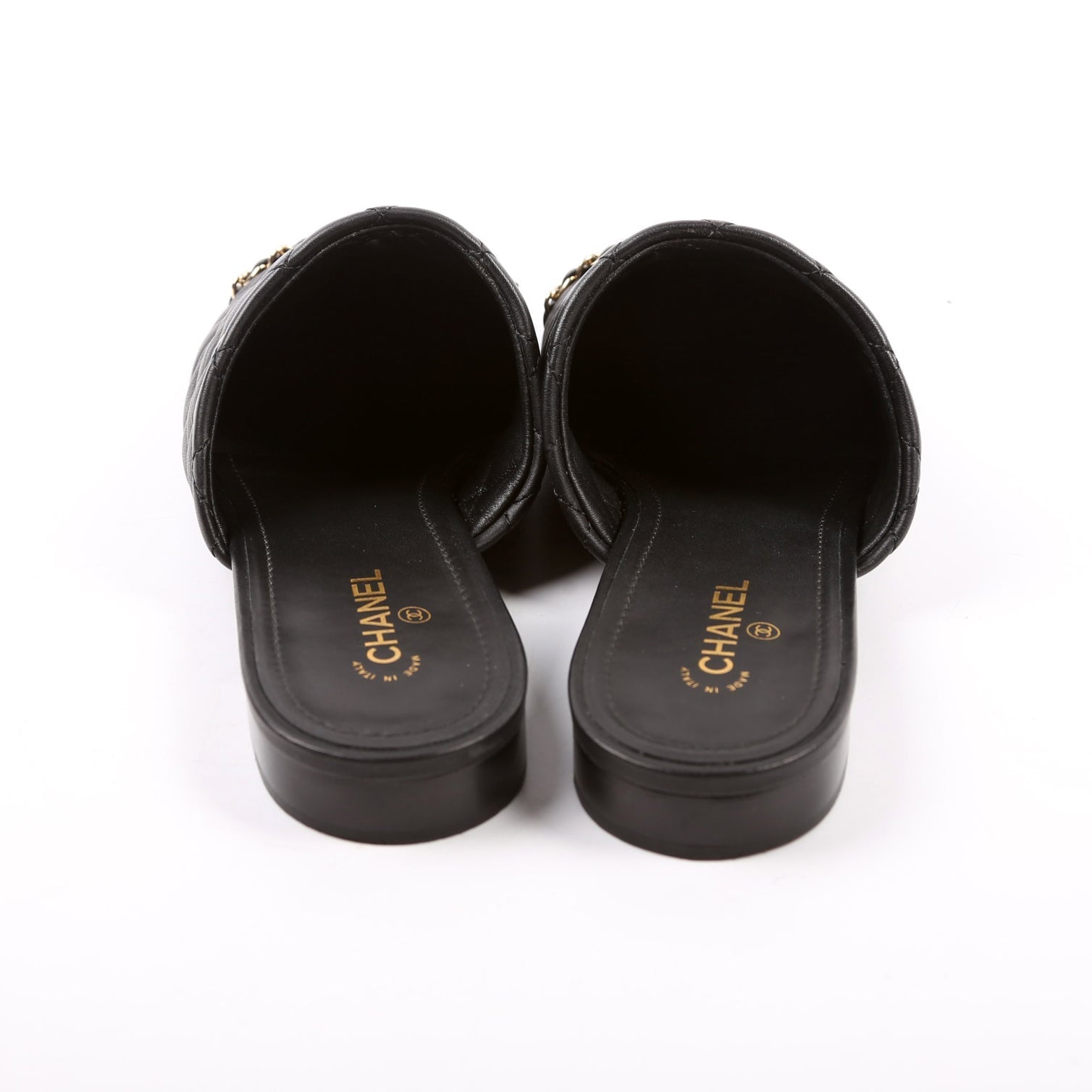 Chanel Cap Toe Quilted Chain Mules Size 39.5