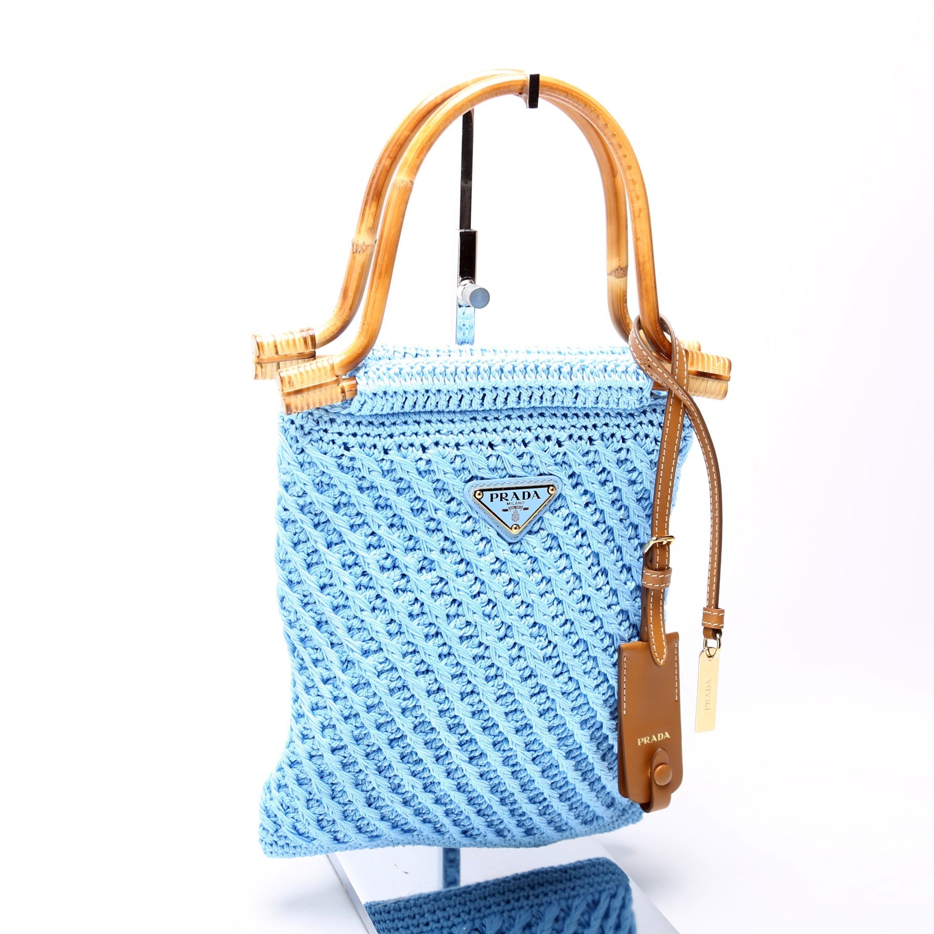 Prada Crochet Bamboo Top Handle Bag Blue Mini Travel Bag