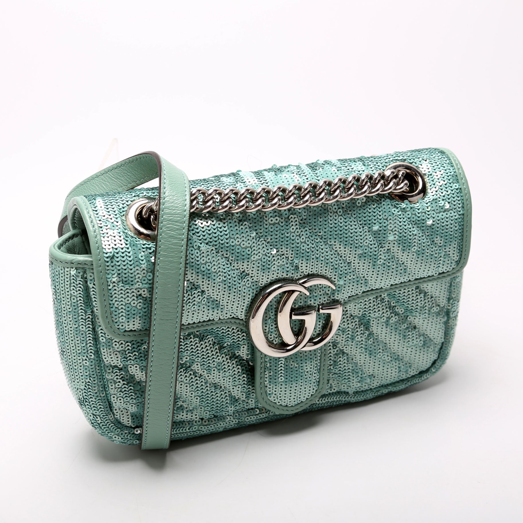 Gucci Marmont Sequin Teal Mini Flap Shoulder Bag