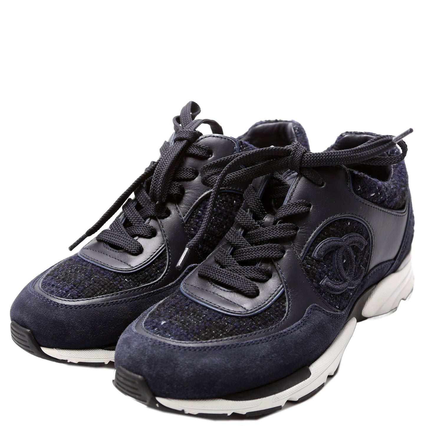 Chanel Tweed/Suede CC Trainers Size 38 Navy