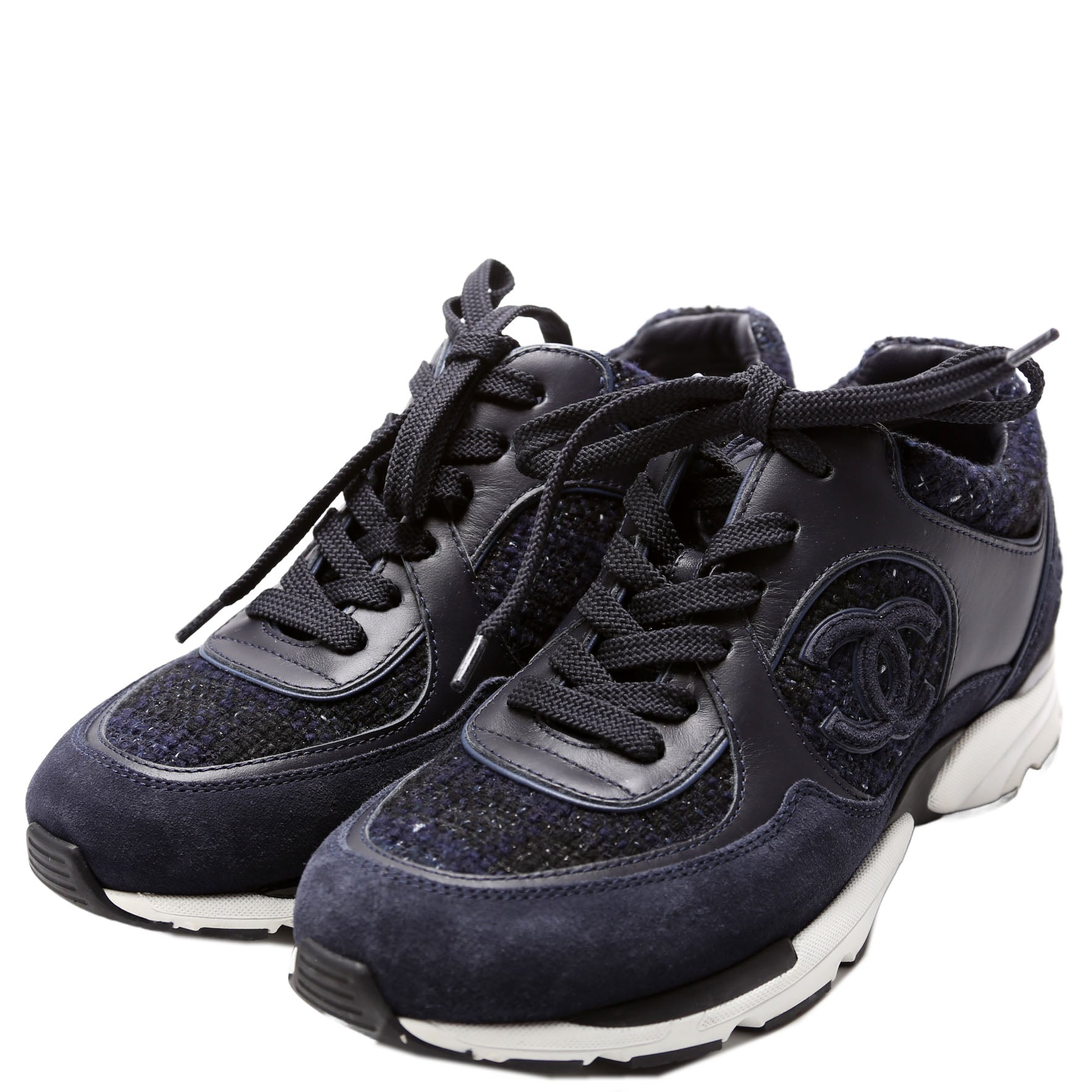 Chanel Tweed/Suede CC Trainers Size 38 Navy