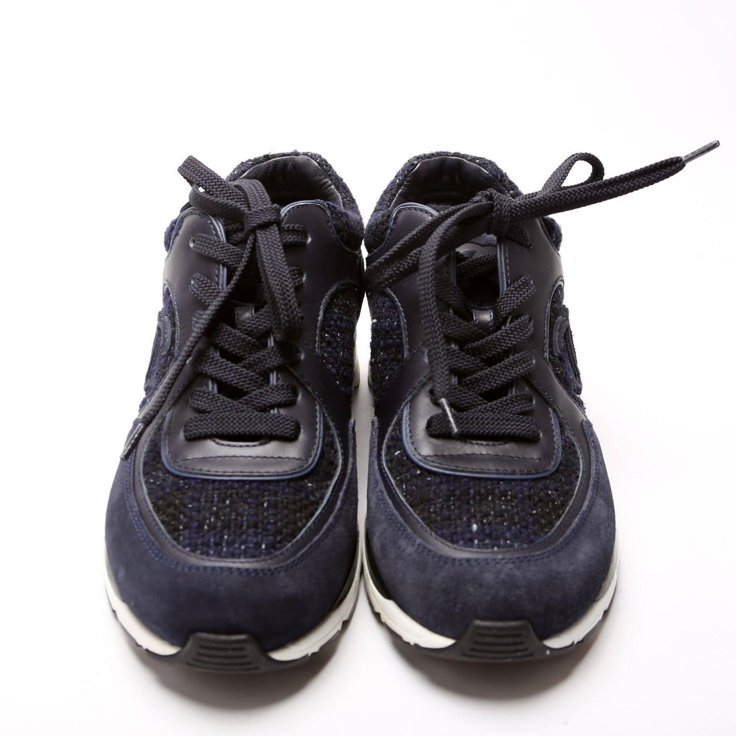 Chanel Tweed/Suede CC Trainers Size 38 Navy