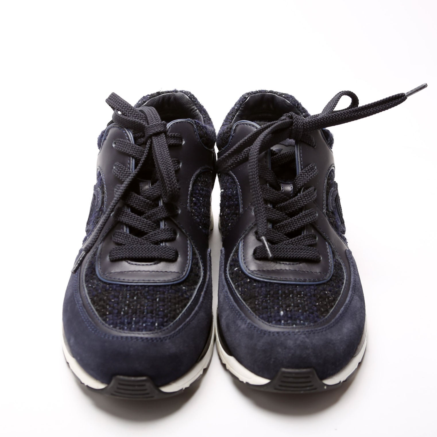 Chanel Tweed/Suede CC Trainers Size 38 Navy