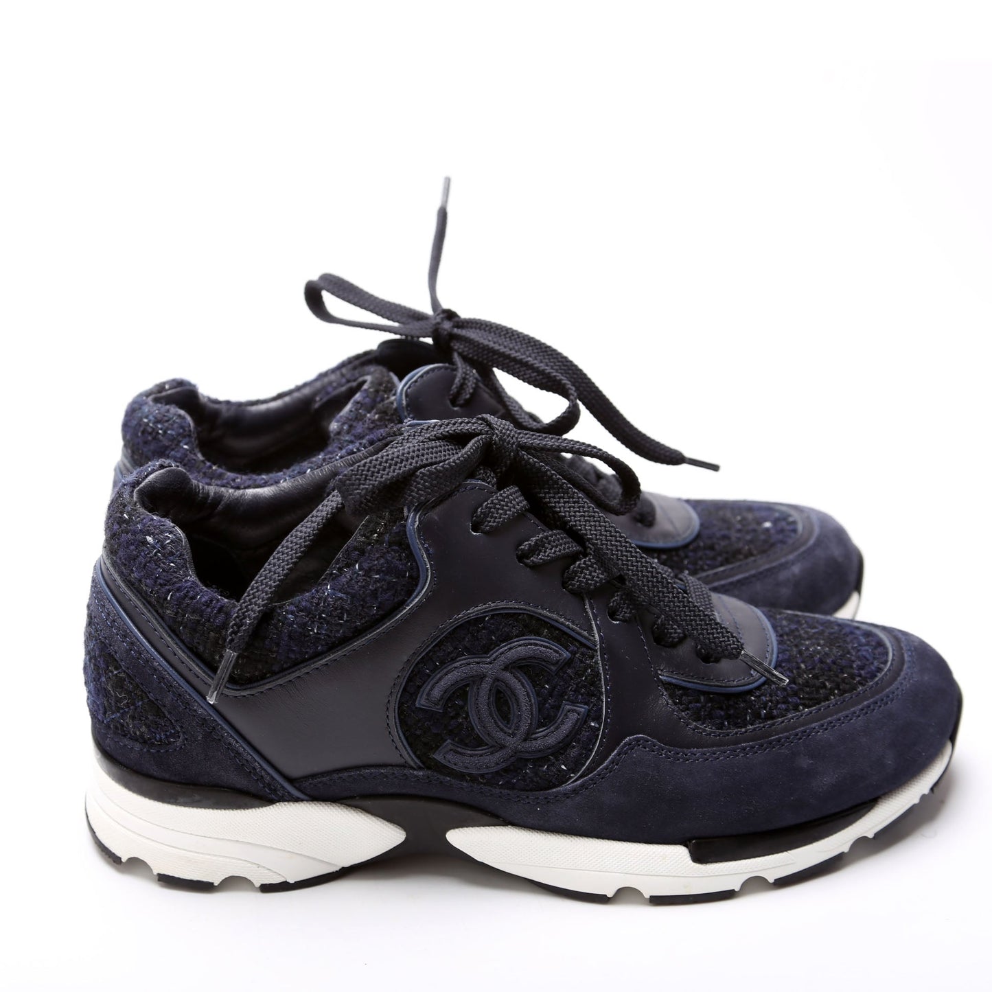 Chanel Tweed/Suede CC Trainers Size 38 Navy