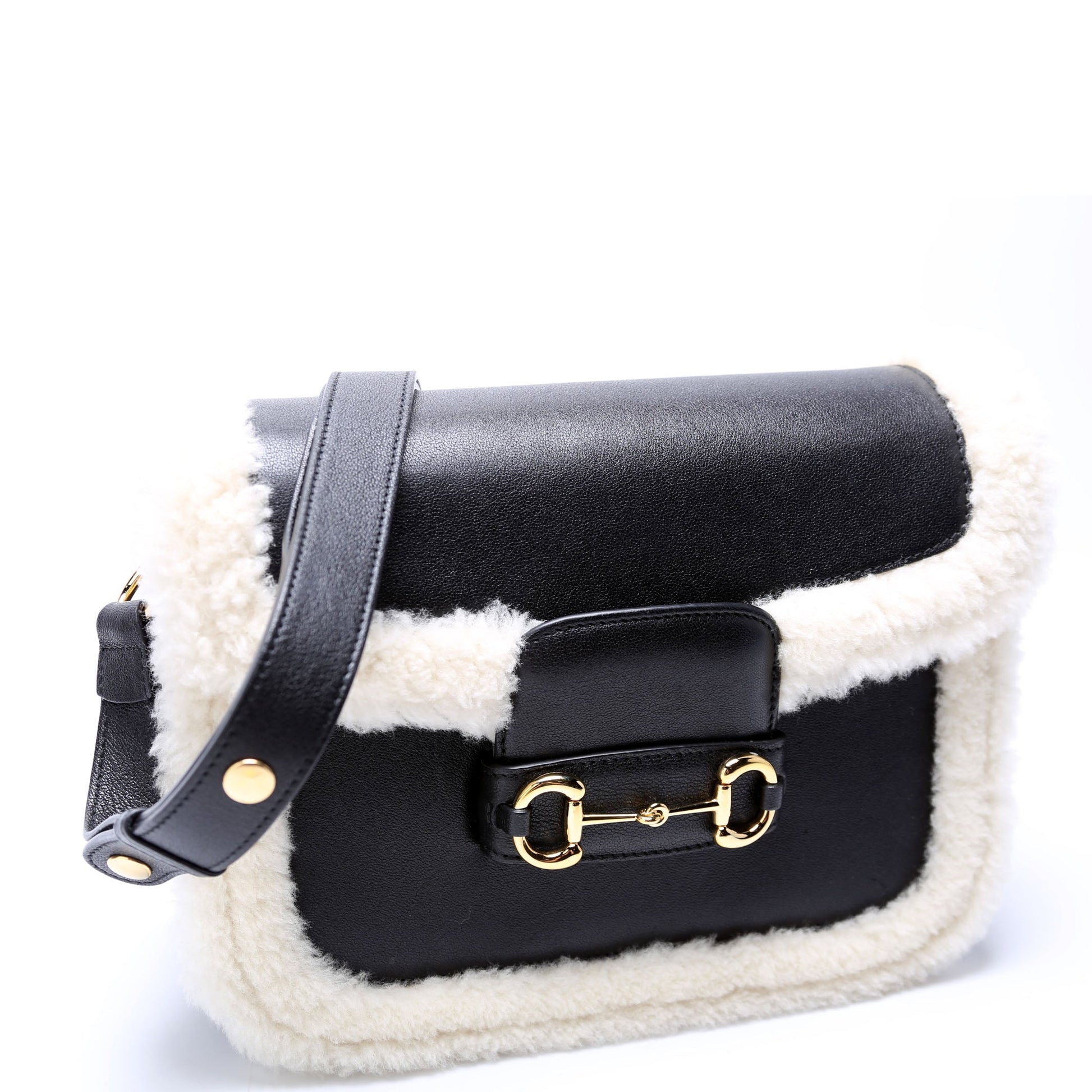 Gucci Horsebit Shearling Leather Black Shoulder Bag
