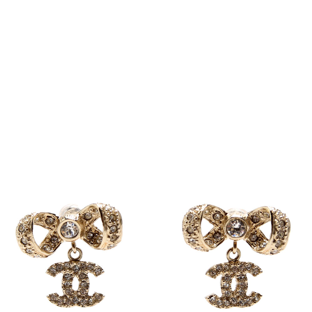Chanel Crystal Bow CC Drop Earrings Gold