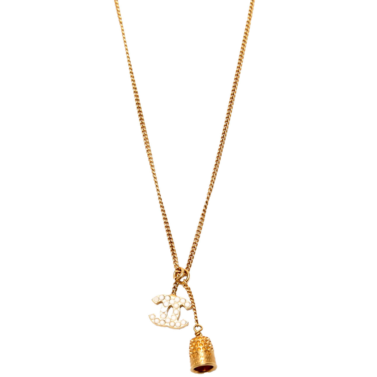 Chanel CC Rhinestone Thimble Necklace Gold
