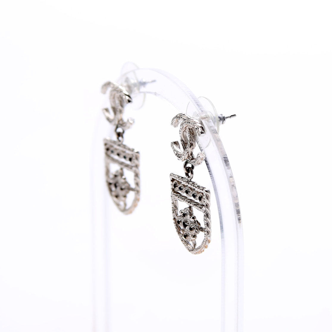 Chanel CC Shield Drop Silver Earrings