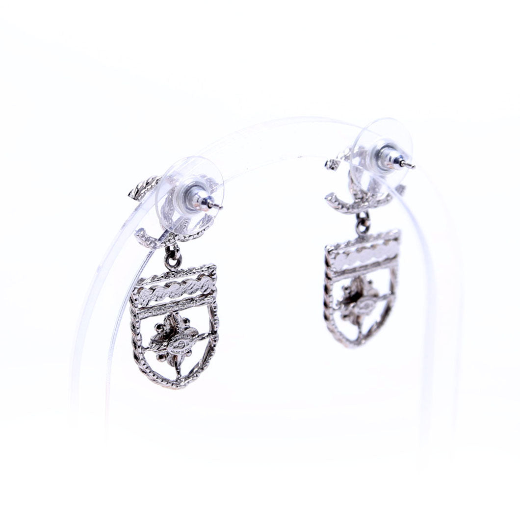 Chanel CC Shield Drop Silver Earrings