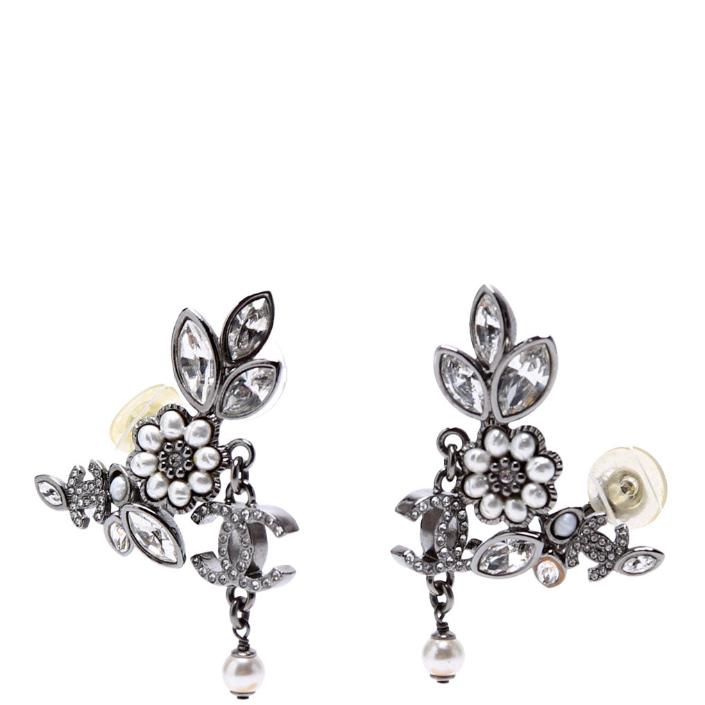Chanel Crystal Pearly Flower Cluster Drop Silver/Pearl