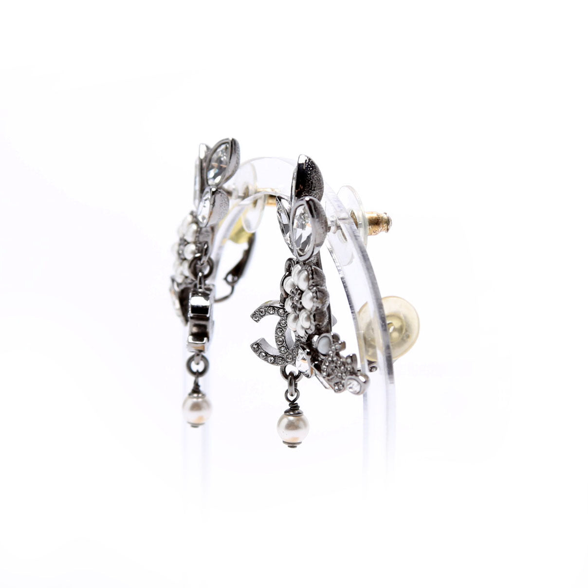 Chanel Crystal Pearly Flower Cluster Drop Silver/Pearl