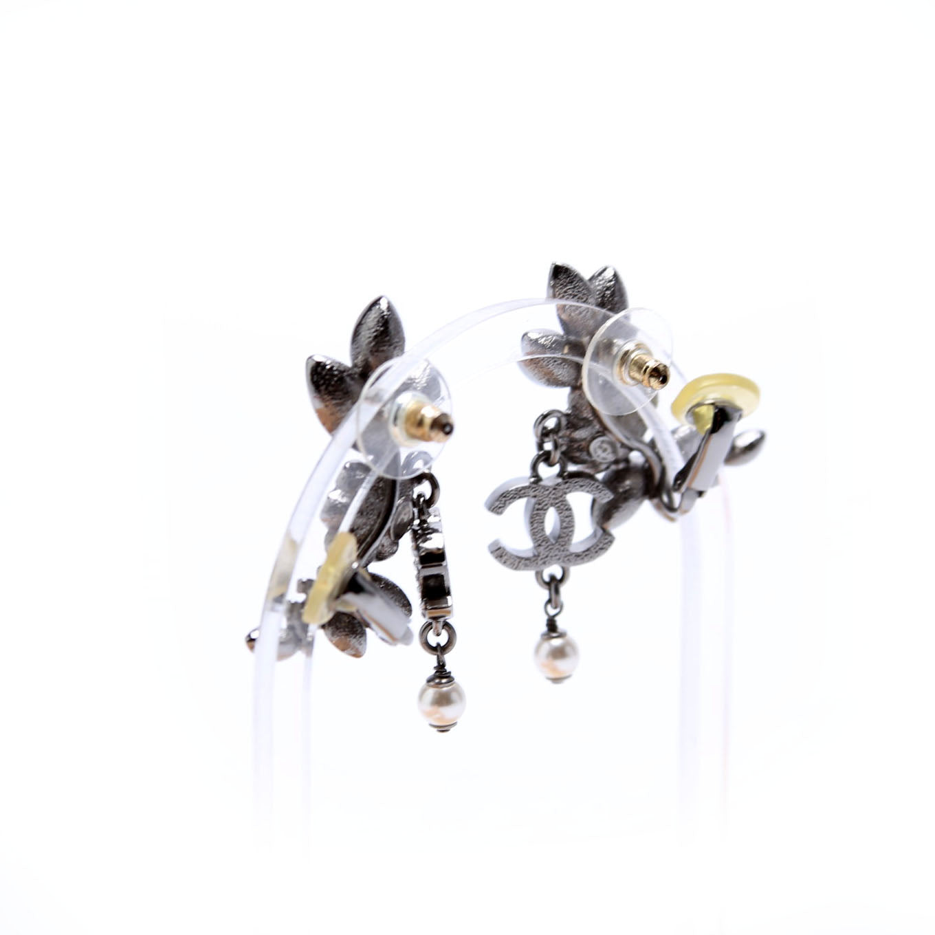 Chanel Crystal Pearly Flower Cluster Drop Silver/Pearl
