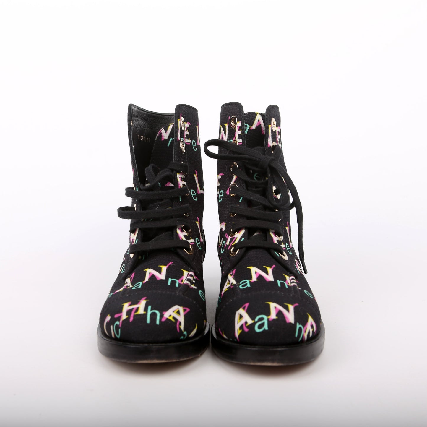 Chanel Tweed Logo Lace-Up Boots Size 37.5 Black/Multicolor