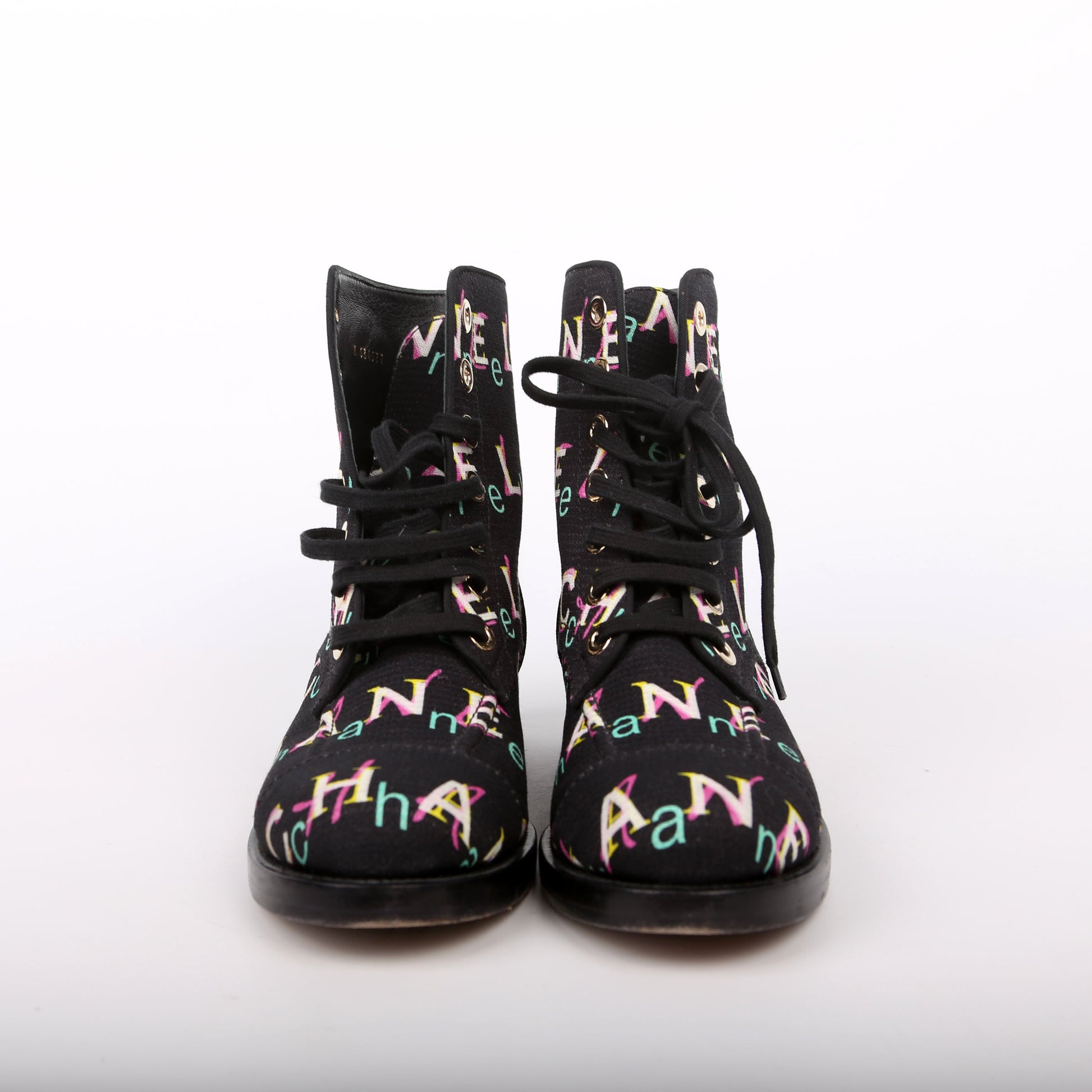 Chanel Tweed Logo Lace-Up Boots Size 37.5 Black/Multicolor