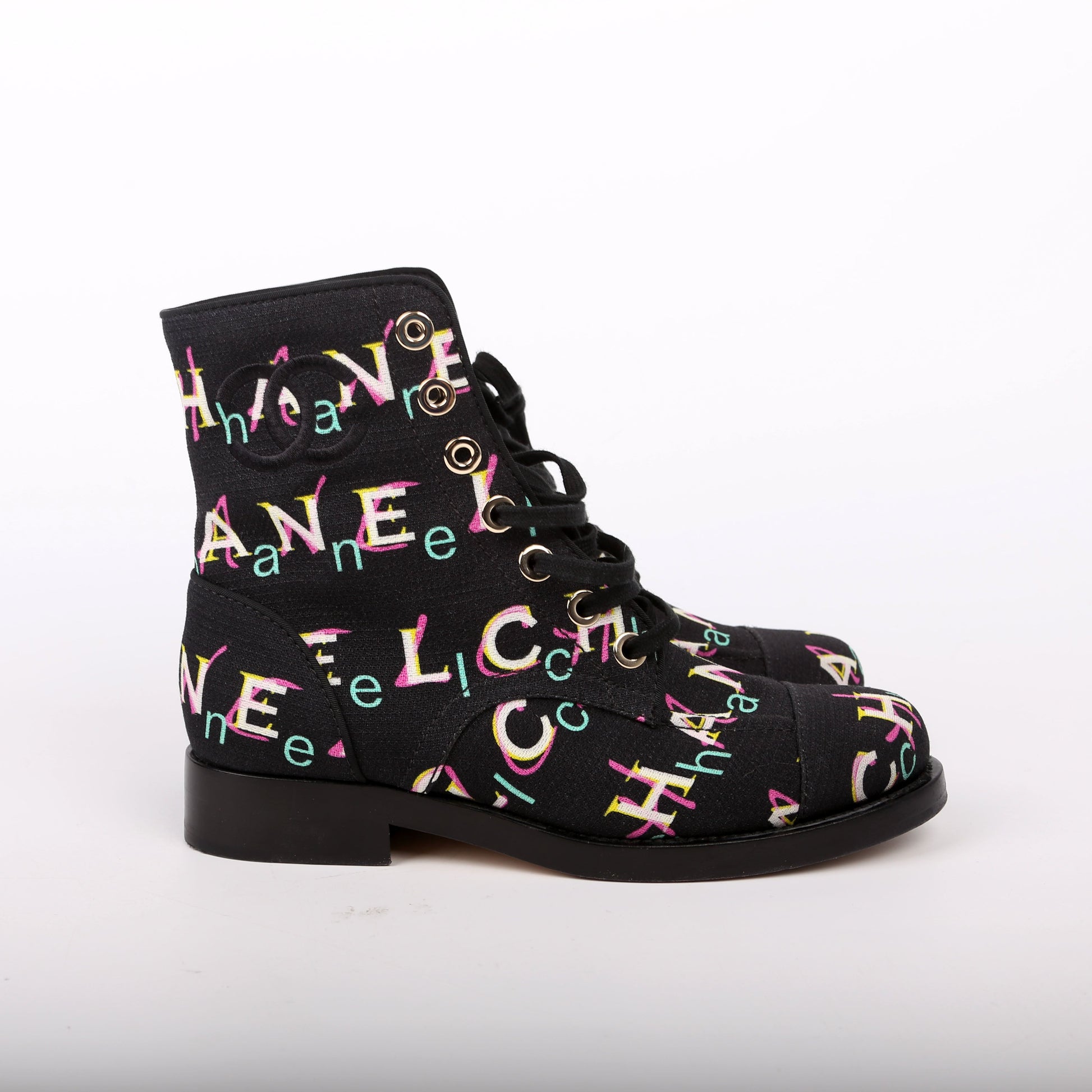 Chanel Tweed Logo Lace-Up Boots Size 37.5 Black/Multicolor