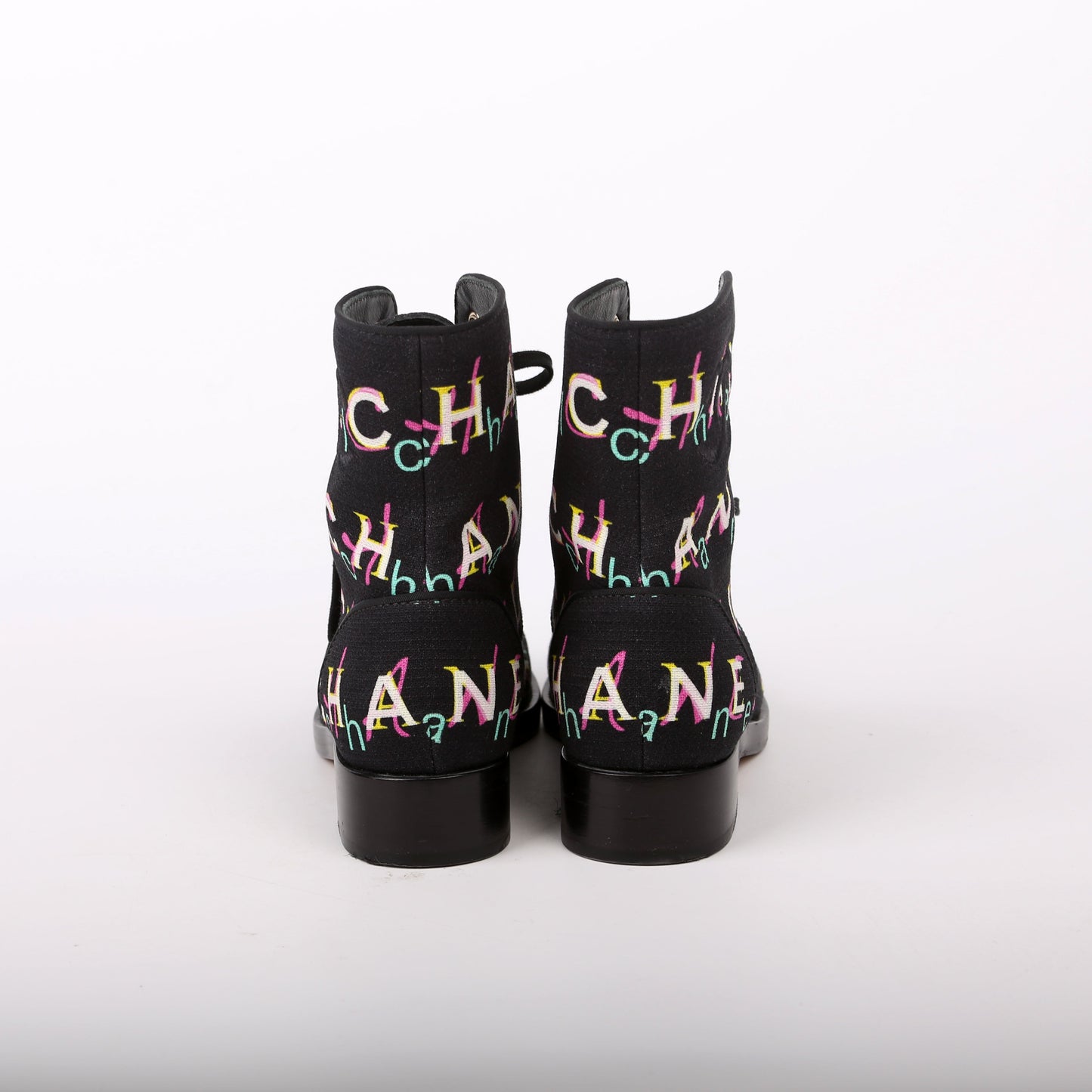 Chanel Tweed Logo Lace-Up Boots Size 37.5 Black/Multicolor