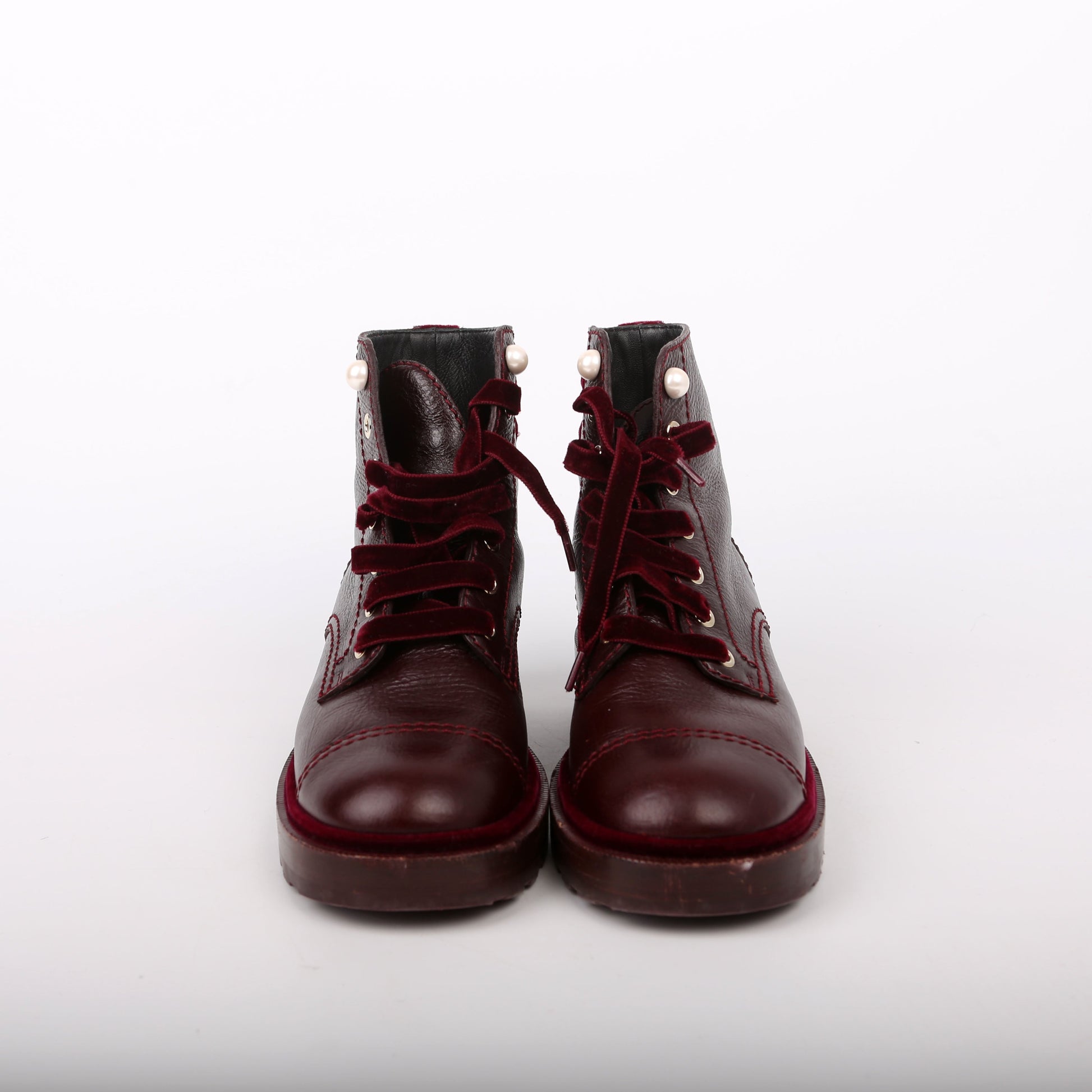 Chanel CC Calfskin/Velvet Pearl Combat Boots Size 38 Burgundy