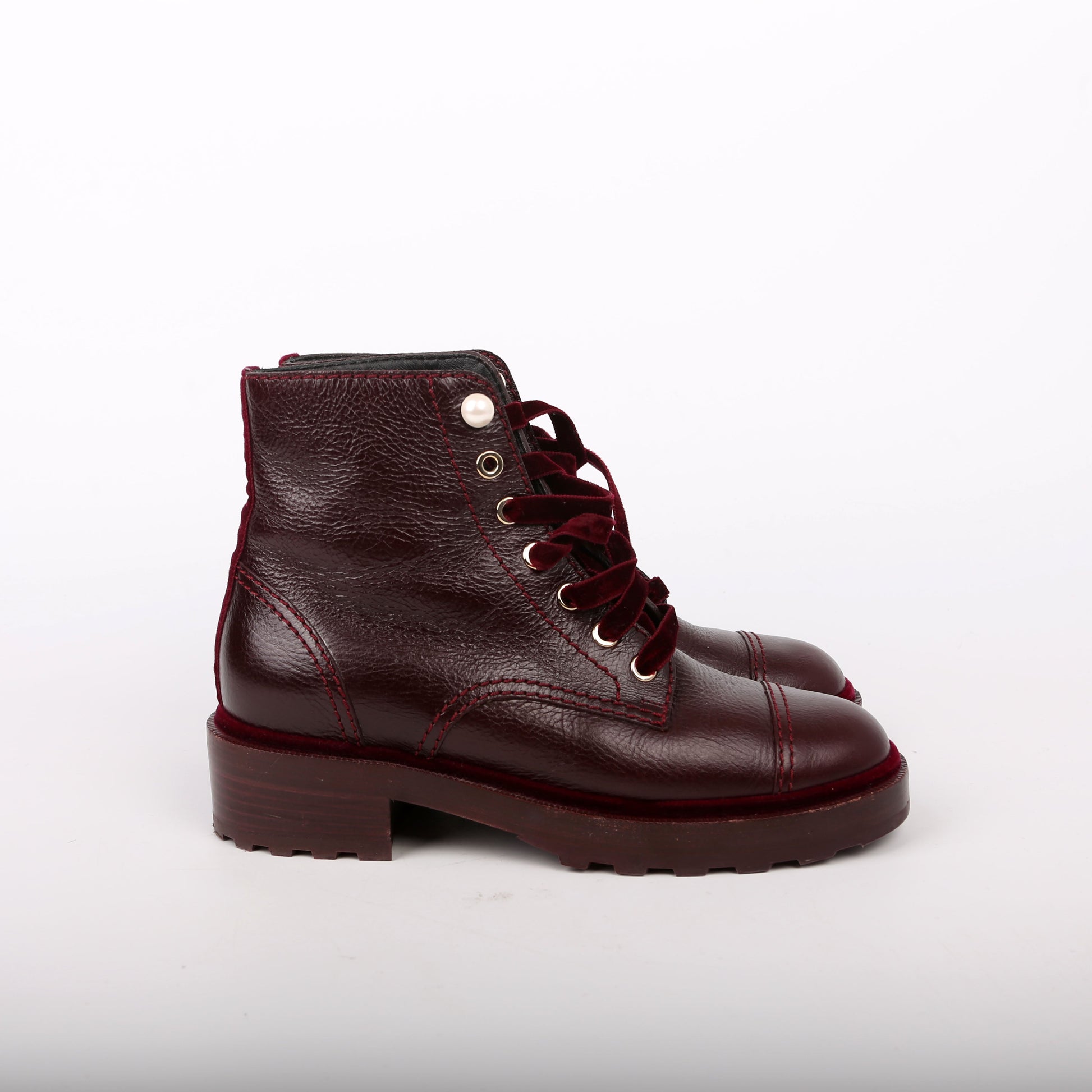 Chanel CC Calfskin/Velvet Pearl Combat Boots Size 38 Burgundy