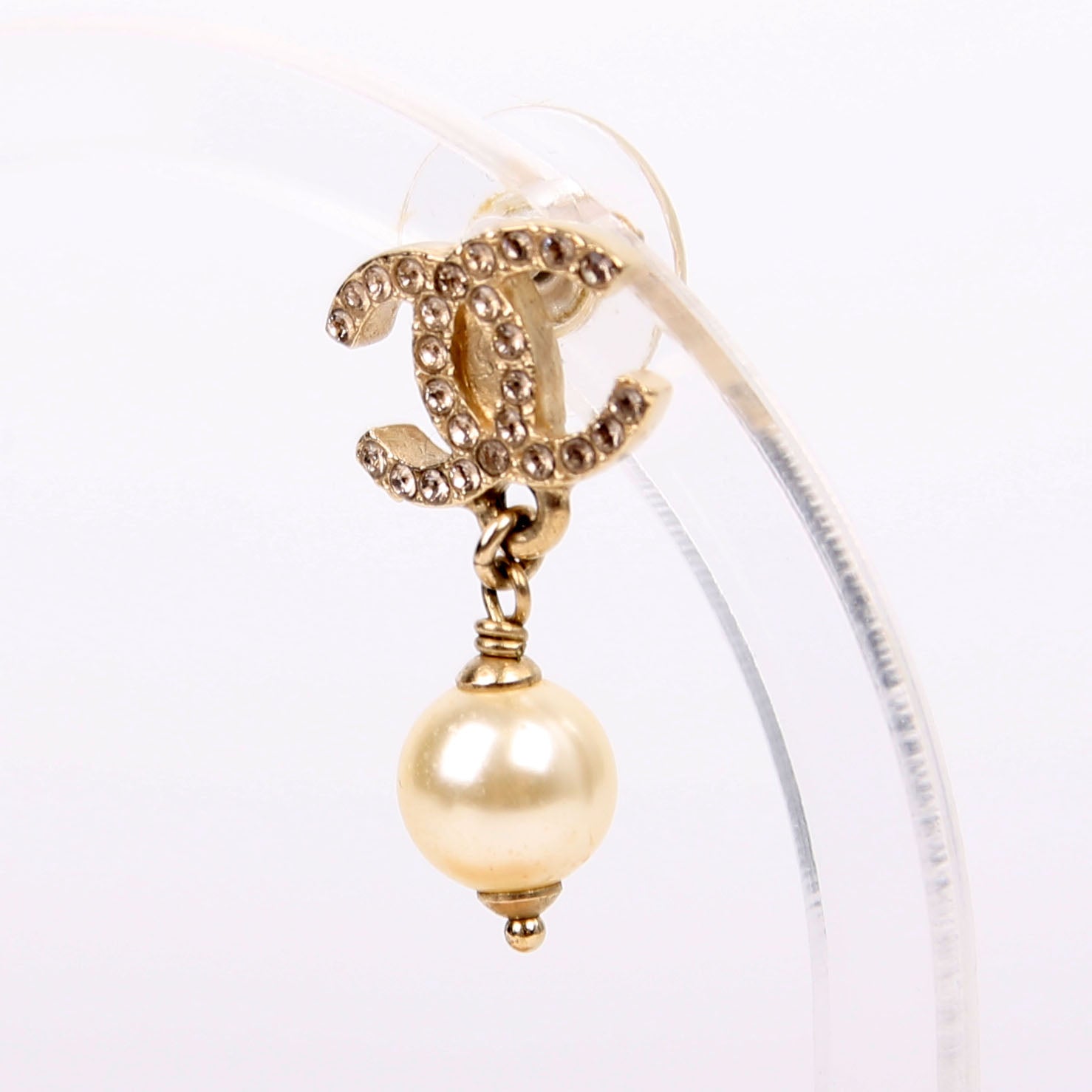 Chanel CC Crystal Pearl Drop Earrings Gold