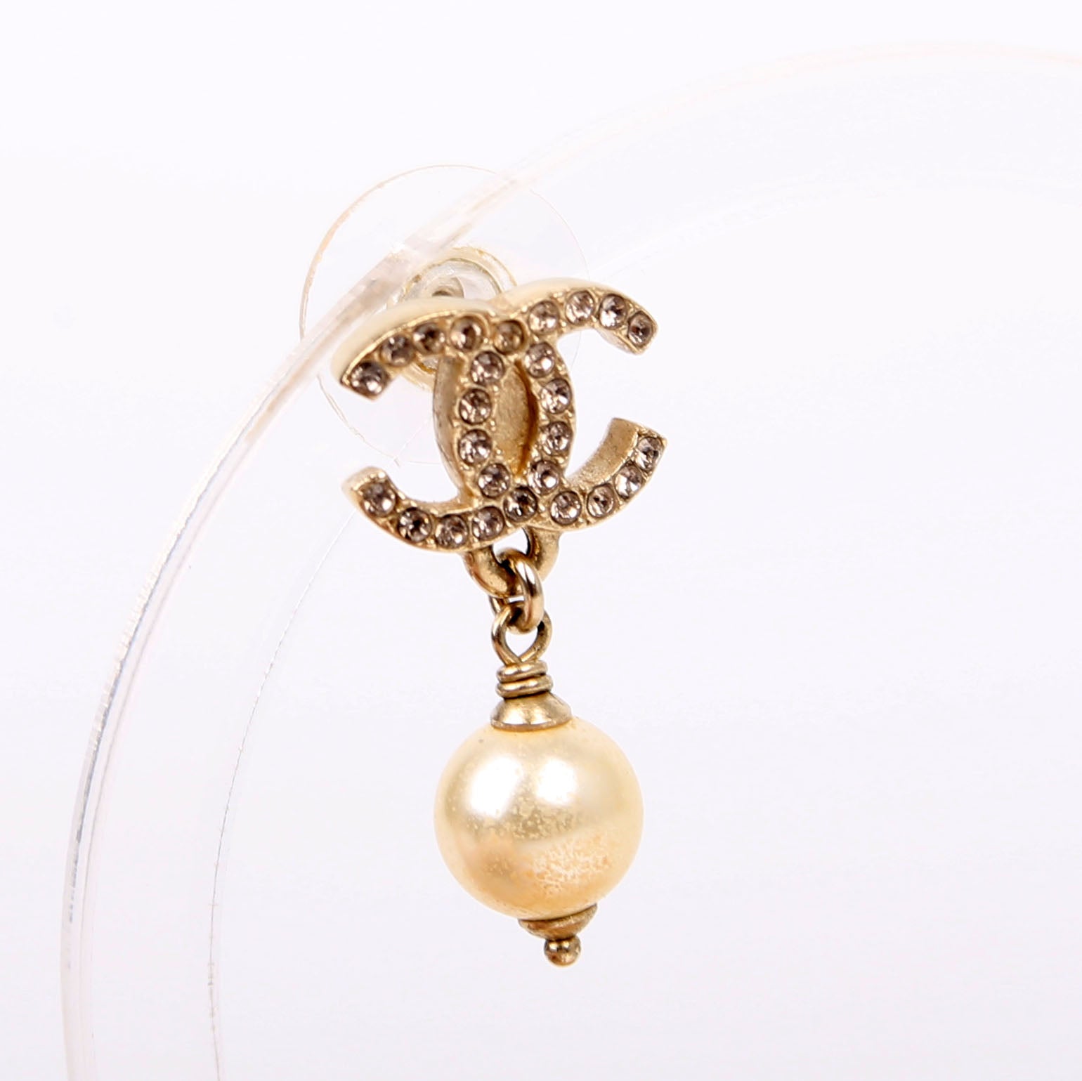 Chanel CC Crystal Pearl Drop Earrings Gold