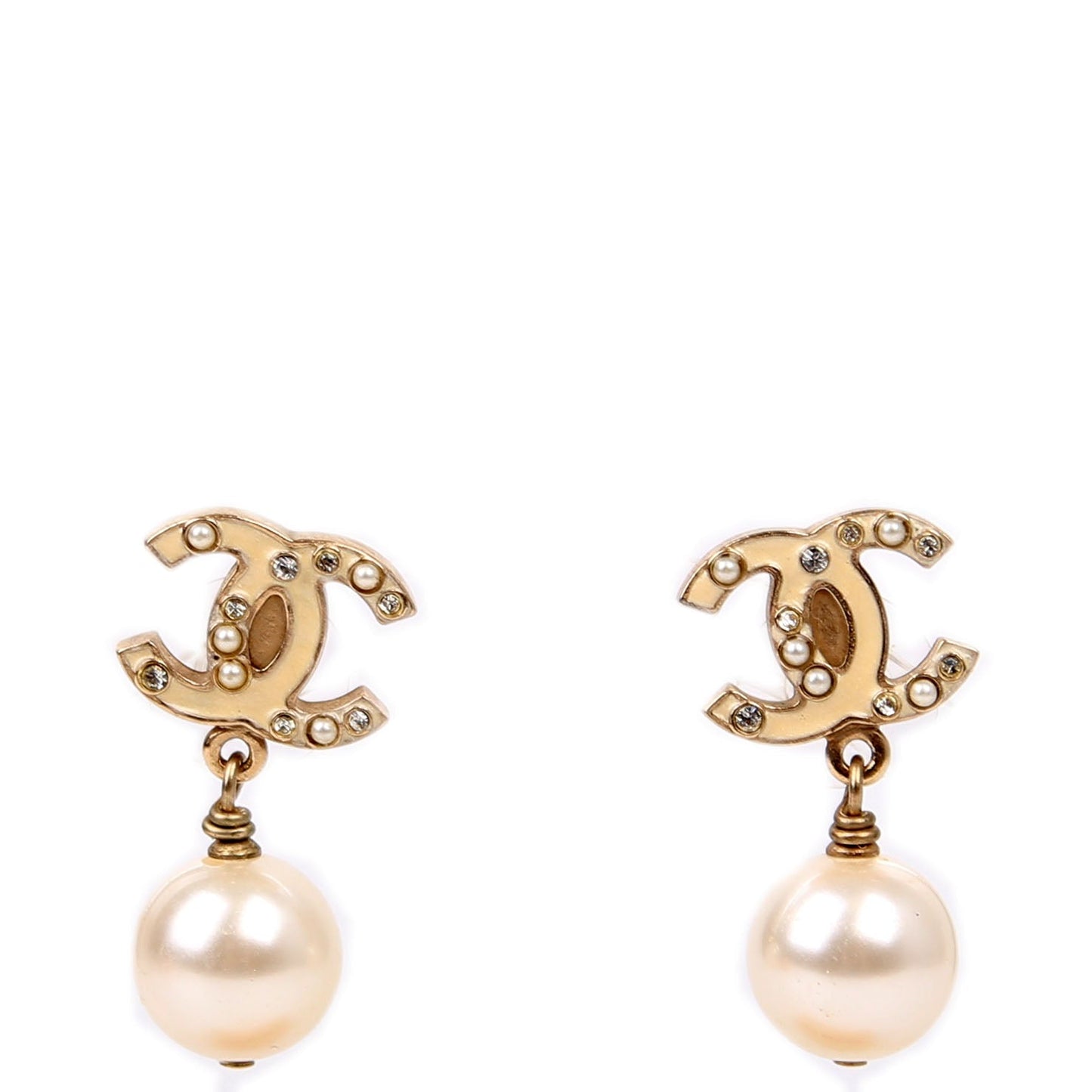 Chanel Enamel CC Pearl Drop Earrings Champagne