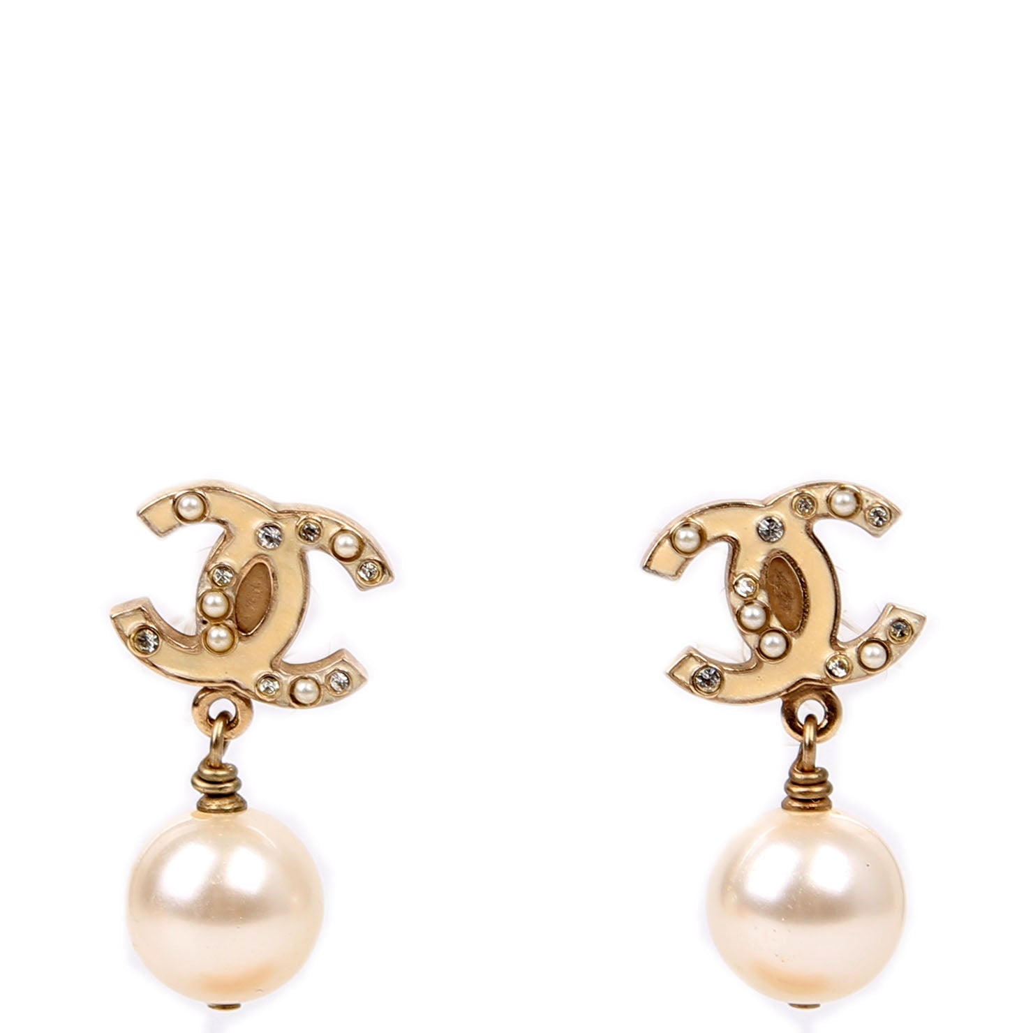 Chanel Enamel CC Pearl Drop Earrings Champagne