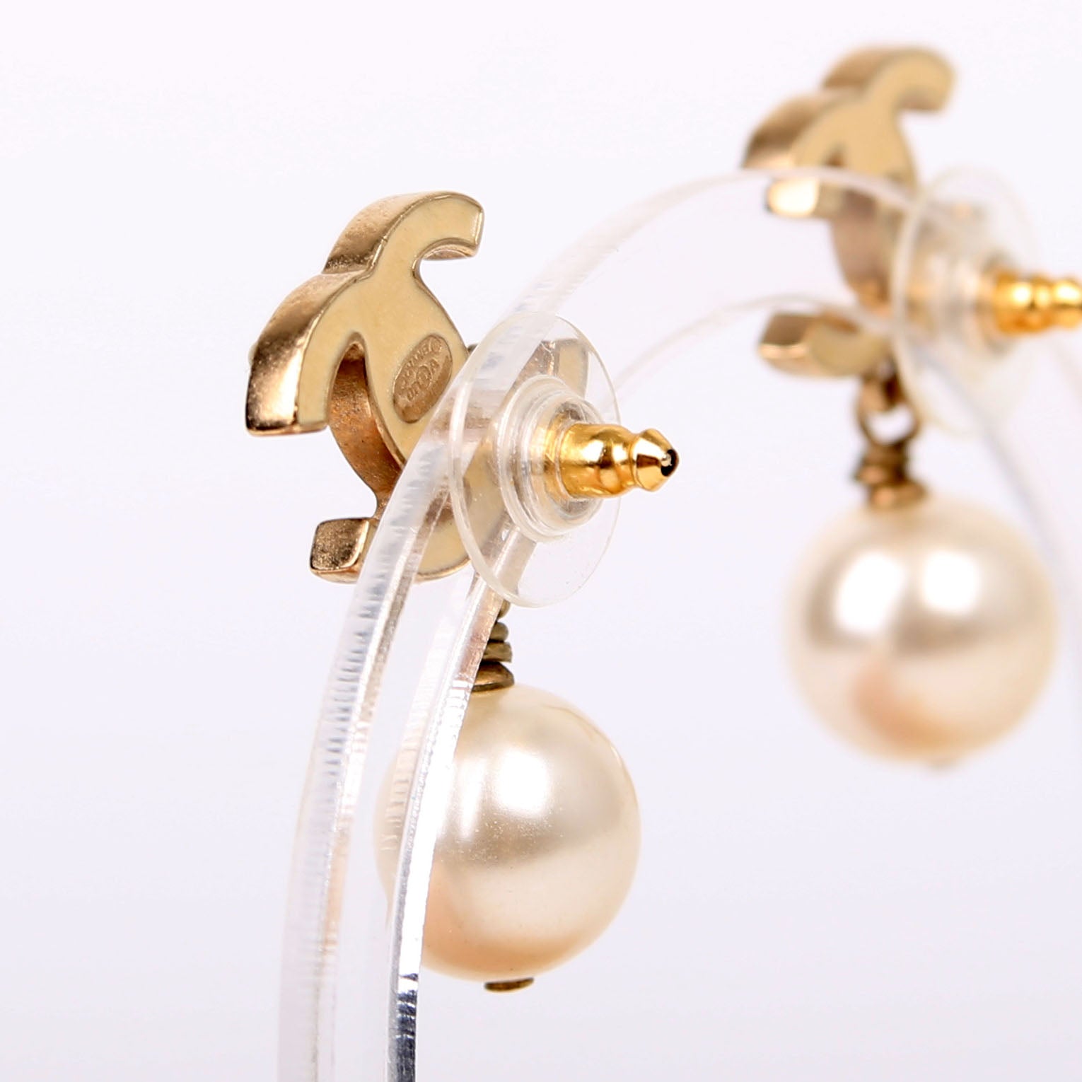Chanel Enamel CC Pearl Drop Earrings Champagne