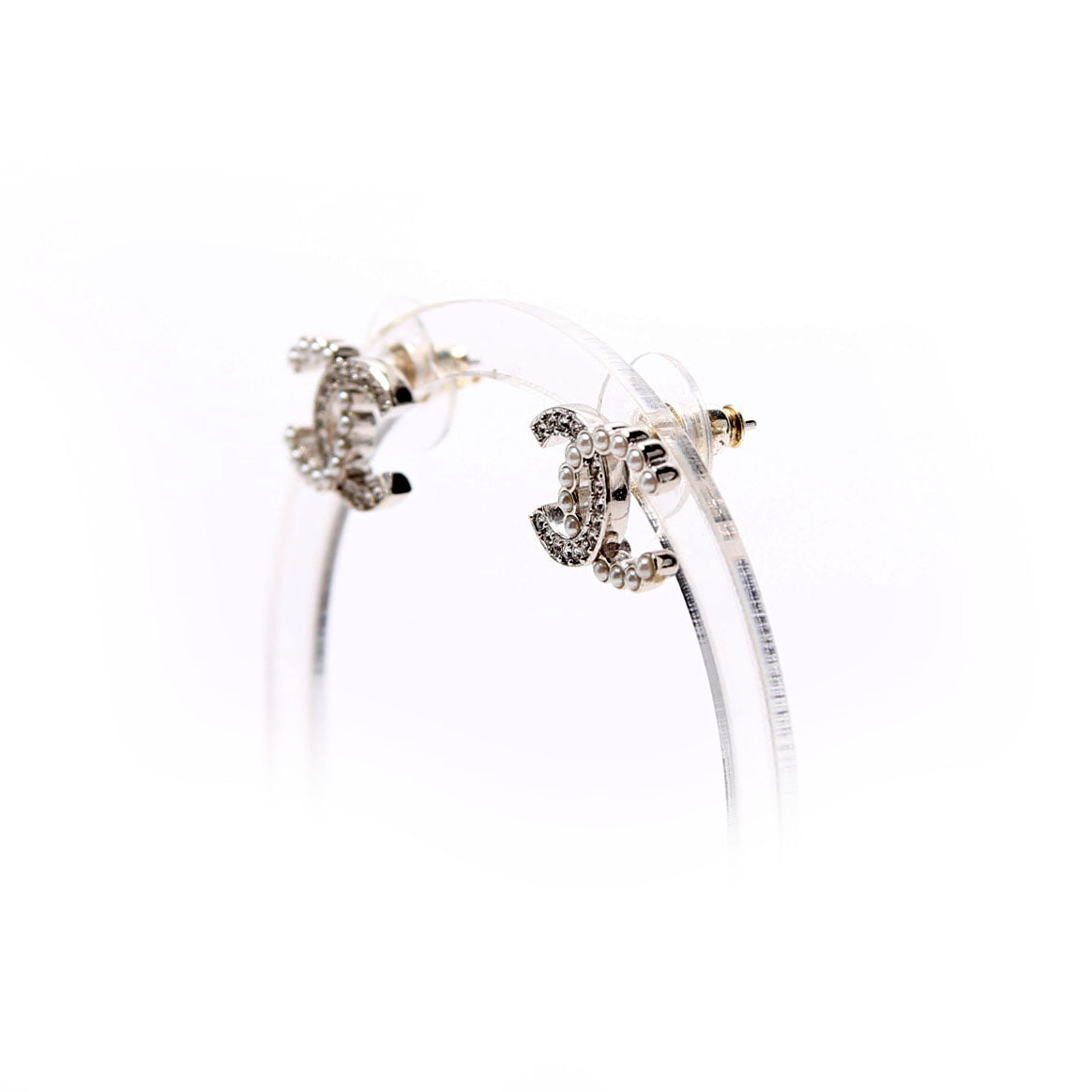 Chanel CC Crystal Pearl Stud Earrings Silver/Pearl