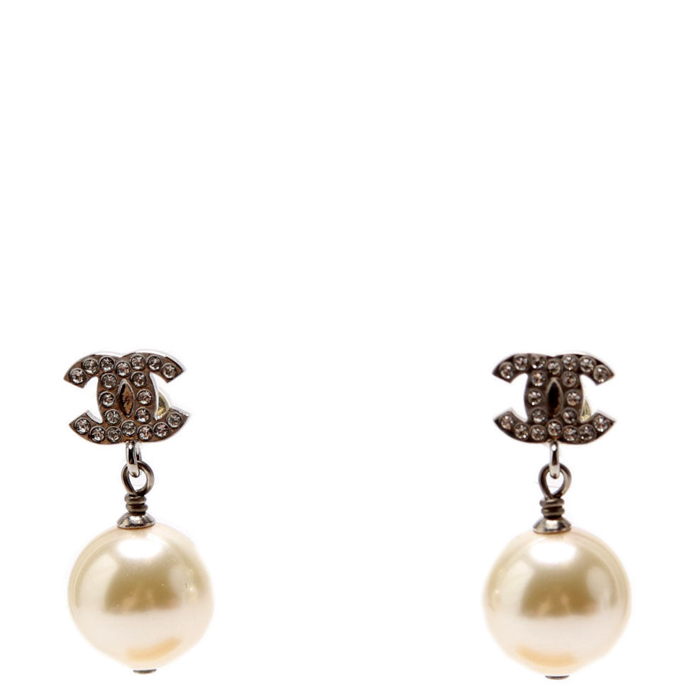 Chanel Crystal CC Pearl Drop Earrings Silver/Pearl